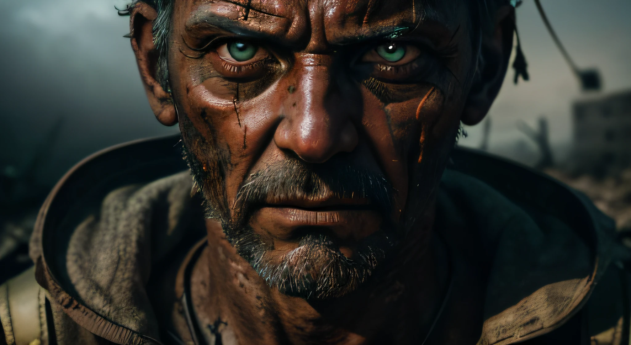 RAW photo, post-apocalyptic, close-up portrait photo of a SCARY MAN, eyes that have seen too much, battle-worn, intense color, (highly specific skin: 1.2), 8k uhd, dslr, soft lighting, high quality, grain film, Fujifilm XT3