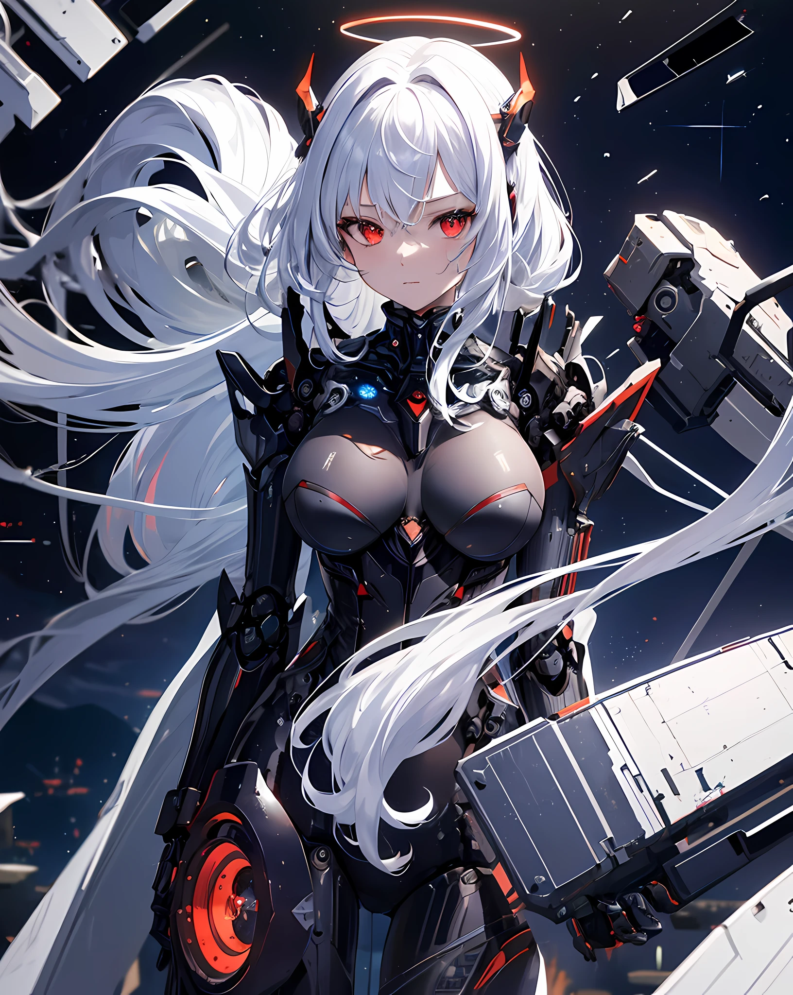 masterpiece,best quality,ultra-detailed,very detailed illustrations,extremely detailed,intricate details,highres,super complex details,extremely detailed 8k cg wallpaper,cowboy shot, caustics,reflection,ray tracing,demontheme,nebula,dark aura,cyber effect, (1girl:1.4),solo,alone,mecha musume,mechanical parts, robot joints,single mechanical arm, headgear, mechanical halo,star halo,intricate mechanical bodysuit, mecha corset, kimono, full armor, very long hair,white hair, hair between eyes, multicolored hair, colored inner hair, red eyes,glowing eye,eye trail, random expressions,random action, ancient japanese architecture,pond, starry sky,skyline,