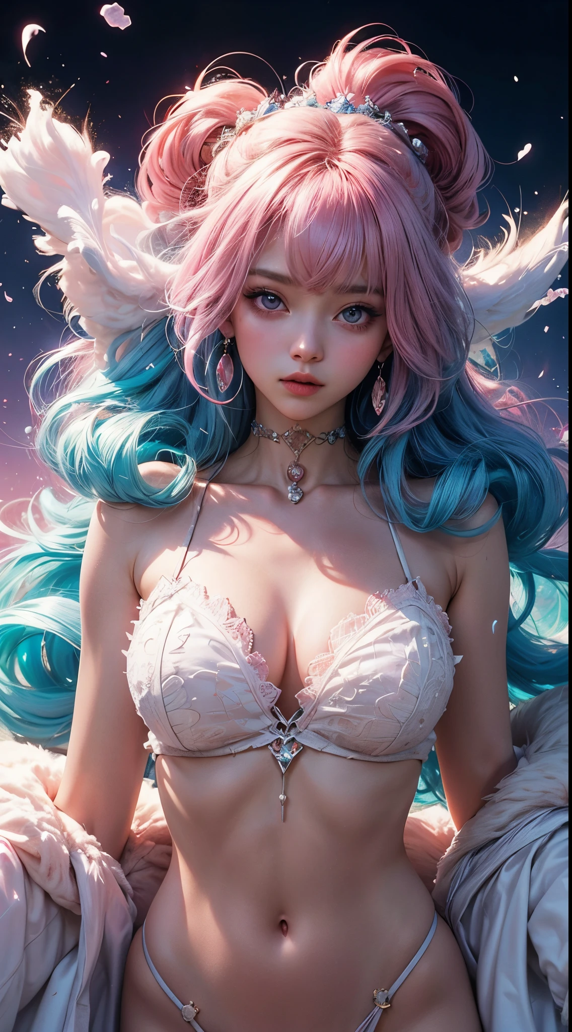 Pink Princess, (Pink-Blue hair), ((big hair)), double eyelid, slender figure, cute expression, perfect skin, (fluffy), pink eyes, (fluffy Particles:1.2), (cute clothing)