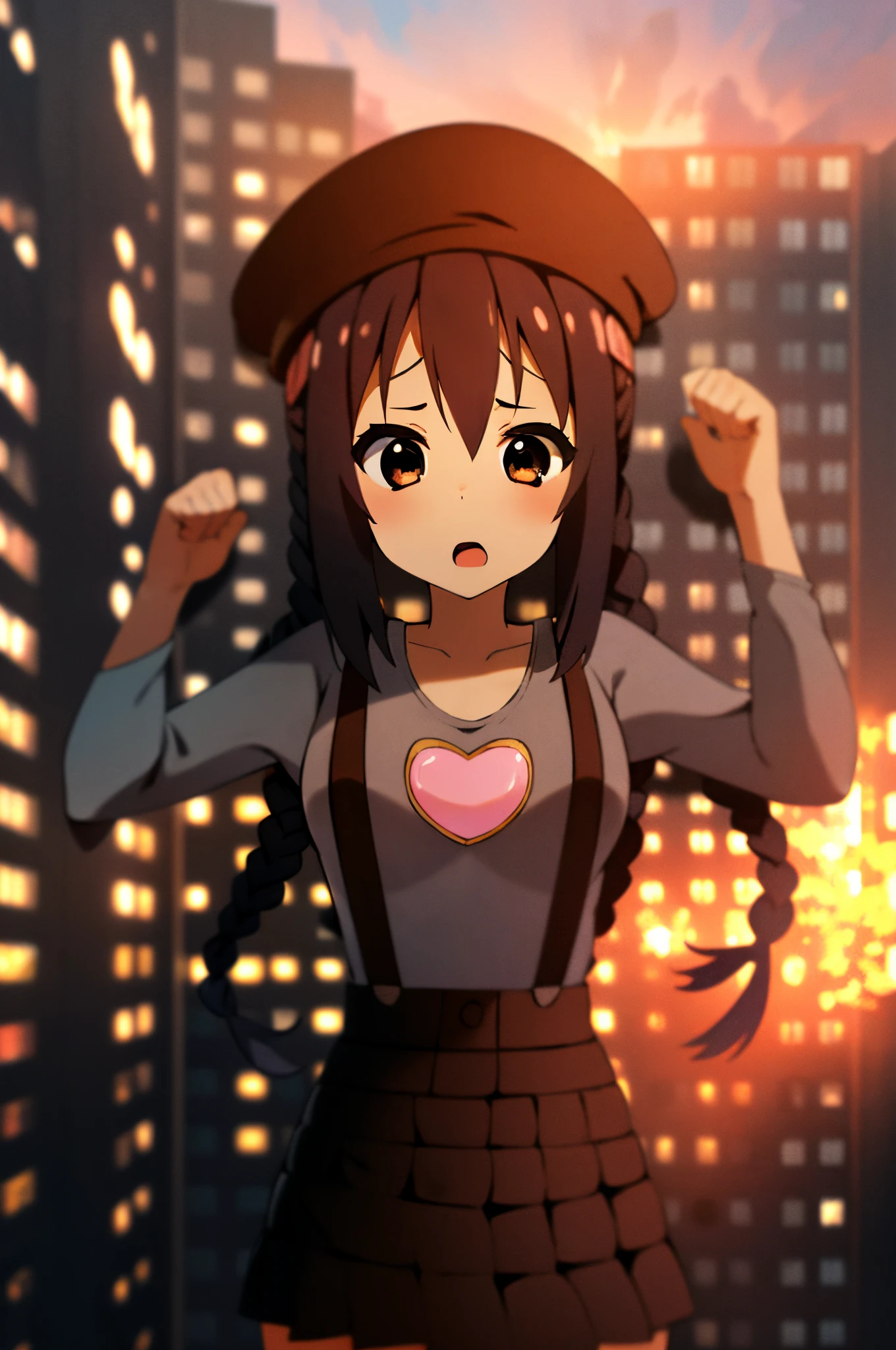 1girl, (((masterpiece))), top-quality, top-quality, high détails, nakano azusa, 1girl, Twin-tailed, length hair, A dark-haired, brown-eyed, Gray T-shirt.suspenders.a black skirt.illustratio, comic strip, soothing tones, Subdued Color, Soft cinematic light, adobe lightroom, photolab, HDR, intricately and hyper-detailed、(((depth of fields))))。(((masterpiece)))。(((top-quality))).)((ultra-detailliert)))。(((illustratio)))。(((takeout))).dynamic focus.big breasts.(((Skyscrapers))).(((A city scape))).(((Face of sadness))). open mouth.(((fighting stance))).(((up chest))).((evening glow)).((the setting sun)).(((Heart on chest))).Feathered hat