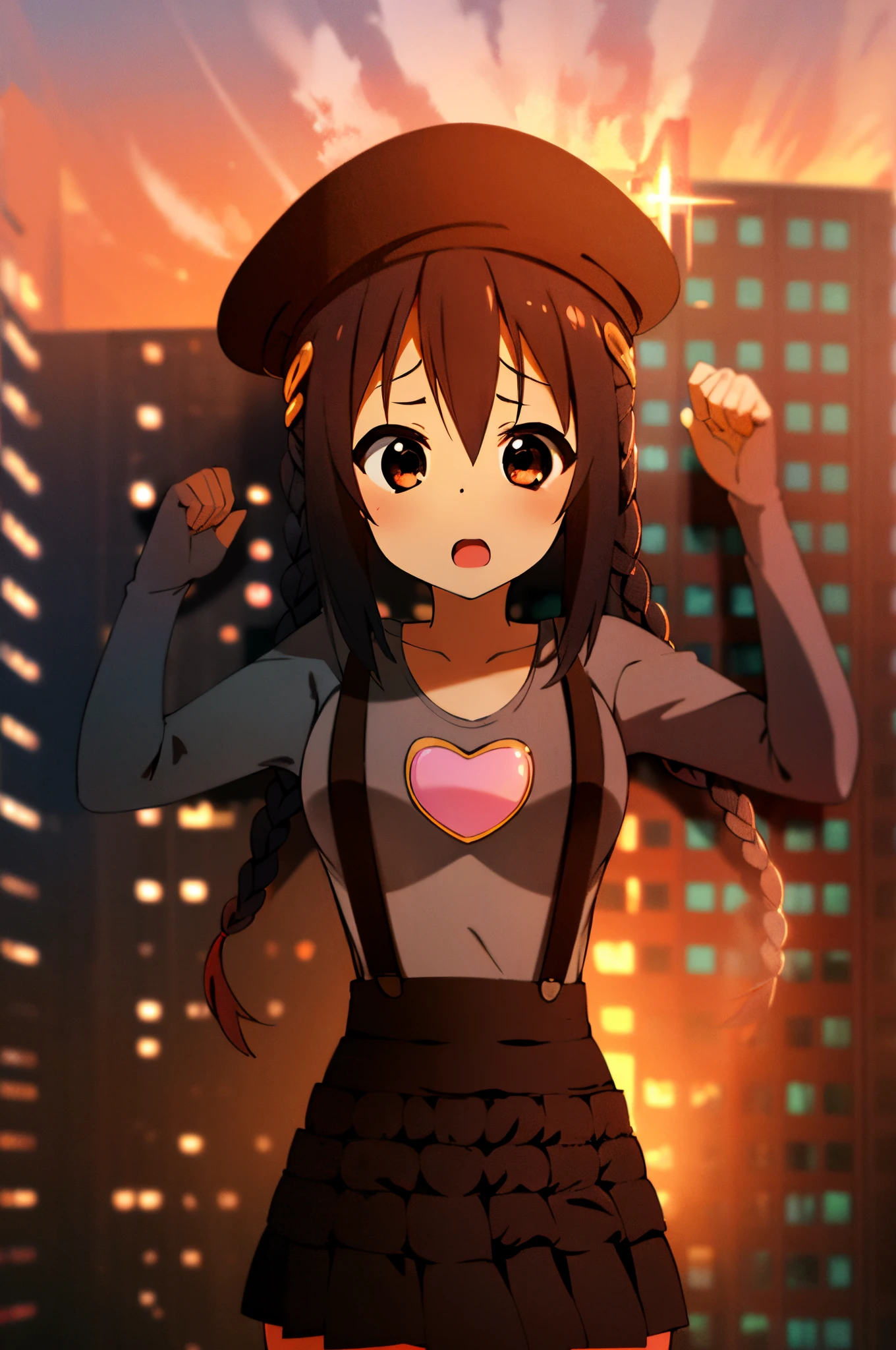 1girl, (((masterpiece))), top-quality, top-quality, high détails, nakano azusa, 1girl, Twin-tailed, length hair, A dark-haired, brown-eyed, Gray T-shirt.suspenders.a black skirt.illustratio, comic strip, soothing tones, Subdued Color, Soft cinematic light, adobe lightroom, photolab, HDR, intricately and hyper-detailed、(((depth of fields))))。(((masterpiece)))。(((top-quality))).)((ultra-detailliert)))。(((illustratio)))。(((takeout))).dynamic focus.big breasts.(((Skyscrapers))).(((A city scape))).(((Face of sadness))). open mouth.(((fighting stance))).(((up chest))).((evening glow)).((the setting sun)).(((Heart on chest))).Feathered hat