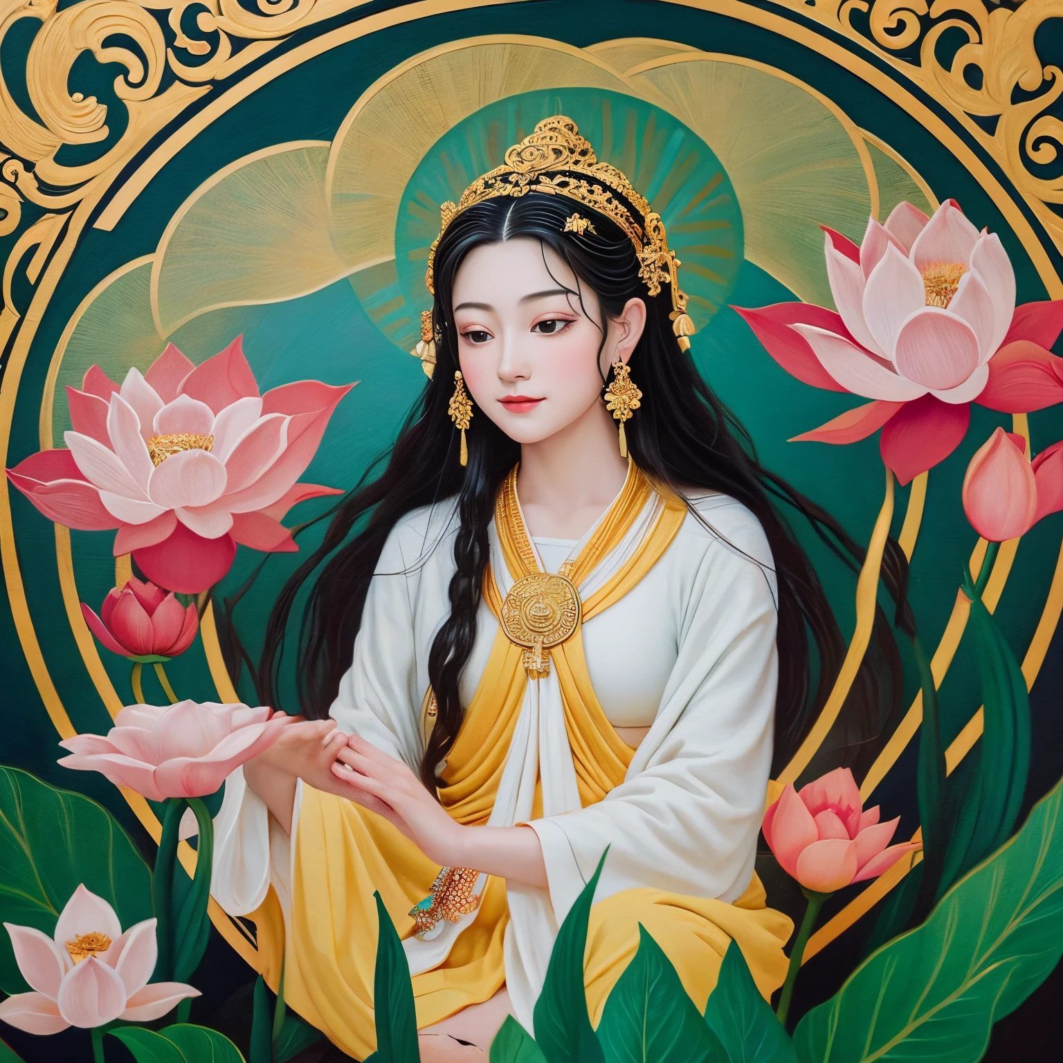Close-up of a painting of a person sitting on a lotus, Bodhisattvas, goddess of love and peace, guanyin, Satisfied female bodhisattva, guanyin of the southern seas, inspired by Tani Bunchō, patron saint of 🛸🌈👩🏾, short and sing, God Leesha Hannigan、masterpiece、Beautiful fece、Real,32K