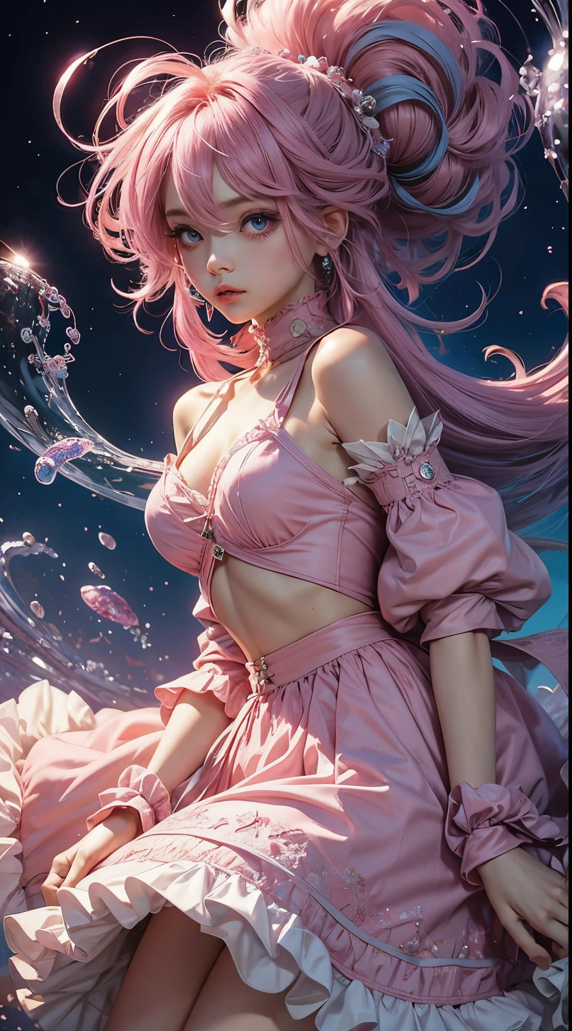 Pink Princess, (Pink-Blue hair), ((big hair)), double eyelid, slender figure, cute expression, perfect skin, (fluffy), pink eyes, (fluffy Particles:1.2), (cute clothing)