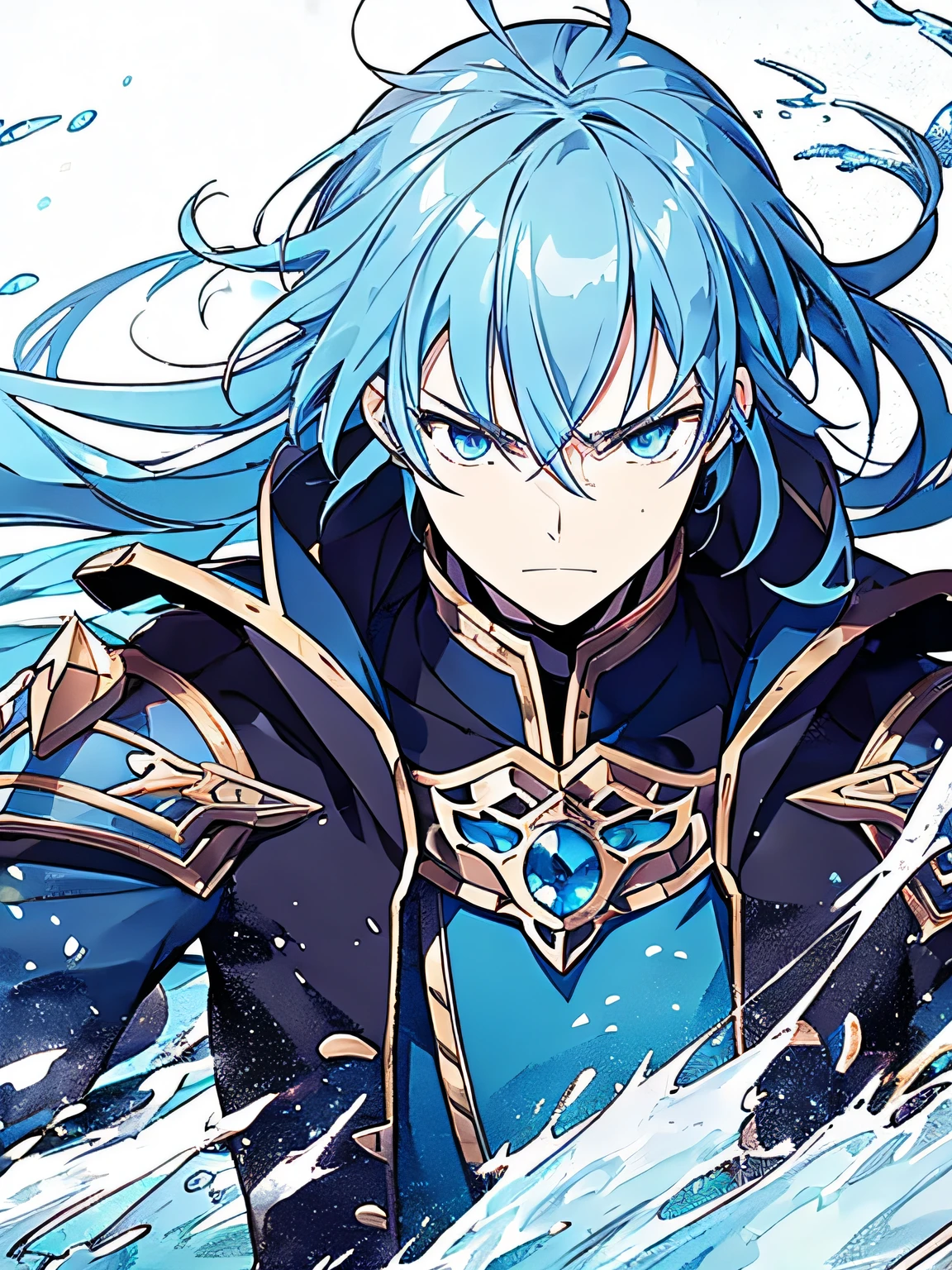 Generate a striking image of a seasoned water-type swordsman, embodying a disciplined and strict demeanor. Picture a warrior with a weathered face, adorned in battle-worn armor that resonates with the essence of the sea. The character should exude a sense of experience and mastery