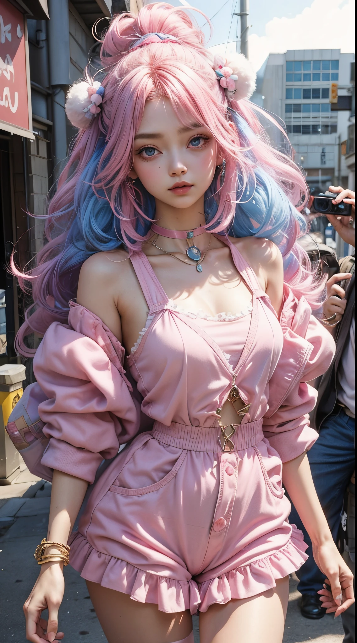 Pink Princess, (Pink-Blue hair), ((big hair)), double eyelid, slender figure, cute expression, perfect skin, (fluffy), pink eyes, (fluffy Particles:1.2), (cute clothing)