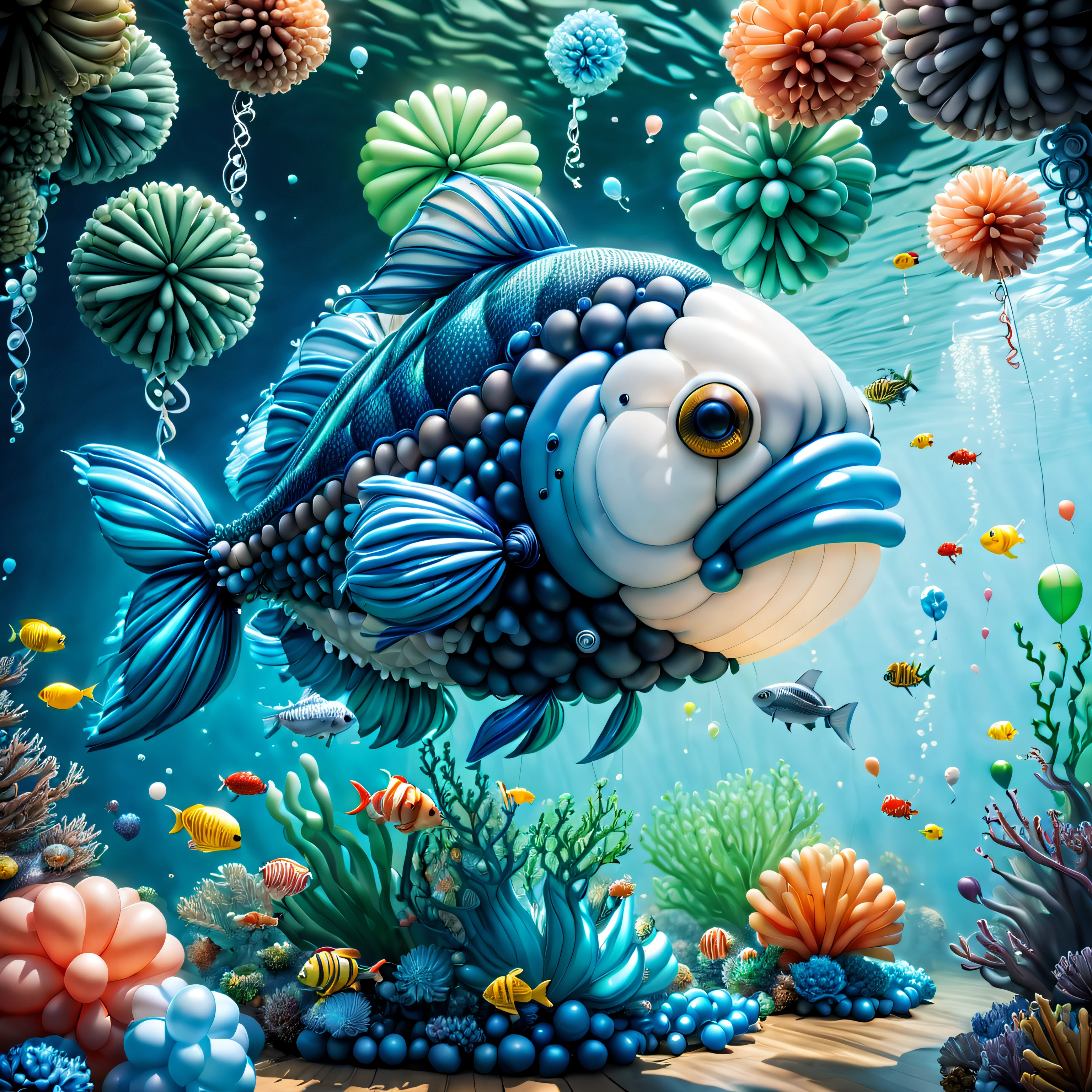 tmasterpiece, Best quality, (The is very detailed的 CG unified 8k 壁纸), (Best quality), (Best Best Illustration), (The best shadow), Balloon themed ocean，Incorporate natural elements. tall balloon mangrove, Abundant balloon marine plants, (((Giant sunfish made from balloons))), Surrounded by fish made of balloons, Glow particle effect,, (Sea plants made from balloons), (Marine theme), ((Glowing algae made from balloons)), (Coral made of balloons), ((Luminous creatures in seawater)), ((Sea fire)), (((particle effect))), ray traycing, ultra - detailed, balloons