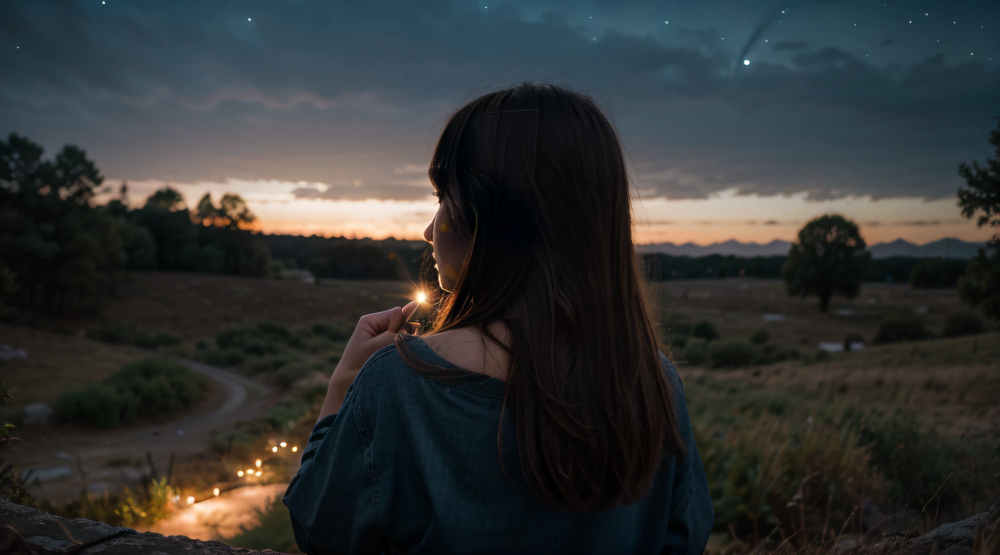 Photograph of a beautiful girl, from behind, open ground, night sky, star gazing, twinkling beautiful stars, zoomed out shot, long brown hair, photorealistic, photography, Phone camera, natural lighting, High resolution, Extremely detailed, realistic lighting, visage naturel, Influencer, Low fidelity, pointing at night sky, looking away from camera, back to camera, point at very dark sky, contrast