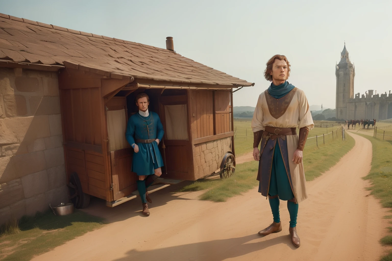 1135, England. scene with an otherworldly construction site, 36-year-old Sam Heughan looks over his shoulder as a horse rider in the distance, ((((poor clothing from the 12th century, knee-length tunic, hose)))), ((Hairstyle of the 12th century)), ((Wes Anderson cinematic style)), colorful