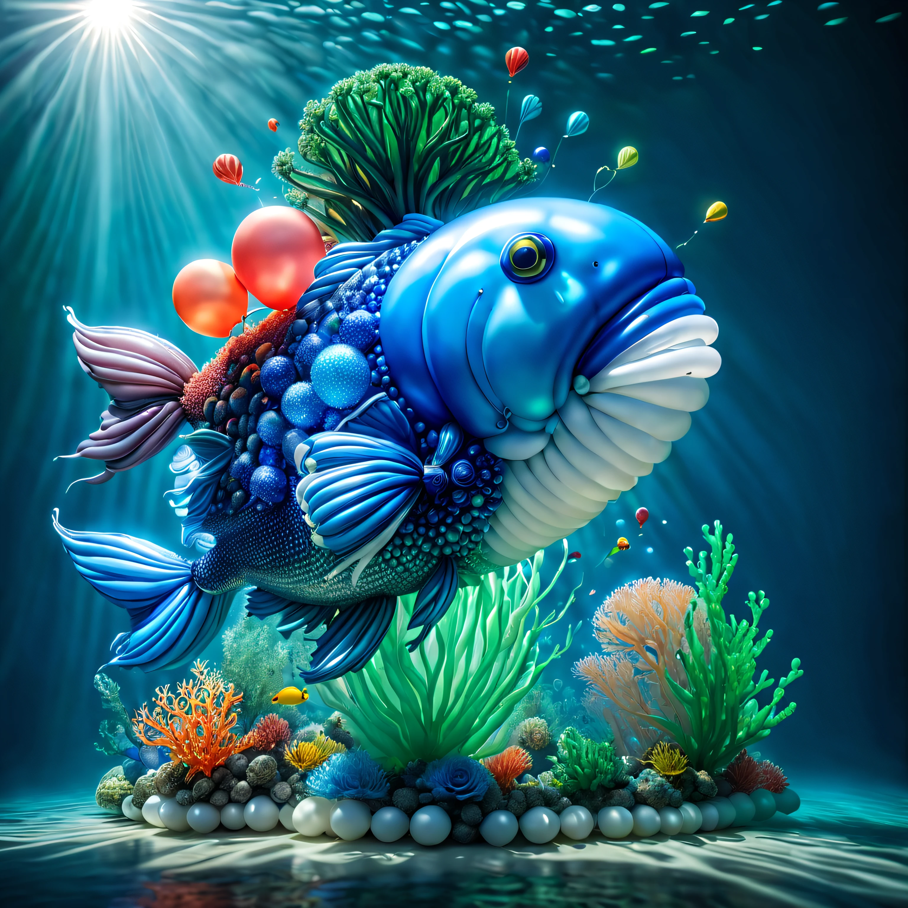 tmasterpiece, Best quality, (The is very detailed的 CG unified 8k 壁纸), (Best quality), (Best Best Illustration), (The best shadow), Balloon themed ocean,Incorporate natural elements. tall balloon mangrove, Abundant balloon marine plants, (((Giant sunfish made from balloons))), Surrounded by fish made of balloons, Glow particle effect,, (Sea plants made from balloons), (Marine theme), ((Glowing algae made from balloons)), (Coral made of balloons), ((Luminous creatures in seawater)), ((Sea fire)), (((particle effect))), ray traycing, ultra - detailed, balloons