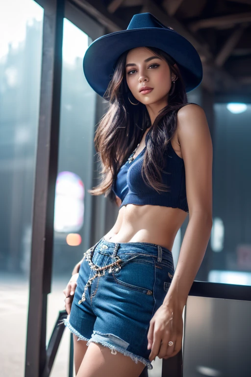 (best quality, high resolution, 8k, ultra-detailed, realistic:1.37), space cowgirl, cowboy hat, indigo denin shorts, shiny tights