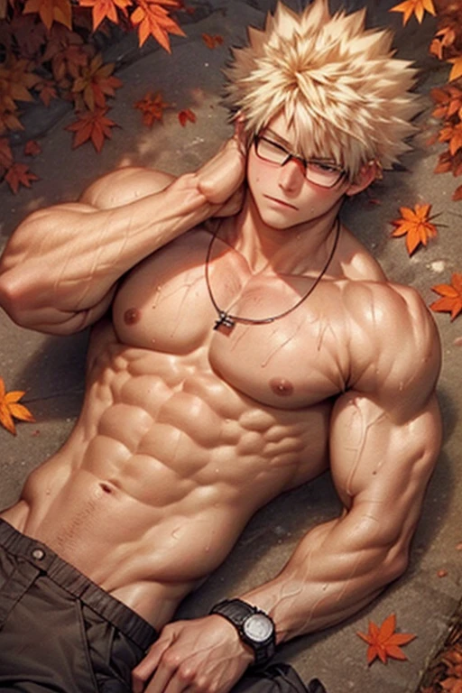 Muscular bakugou katsuki laying down on fallen leaves top view, relaxed expression, naked  , muscular pecs and washboard abs, sweating heavily, wristwatch, necklace, autumn leaves on body, round tainted glasses