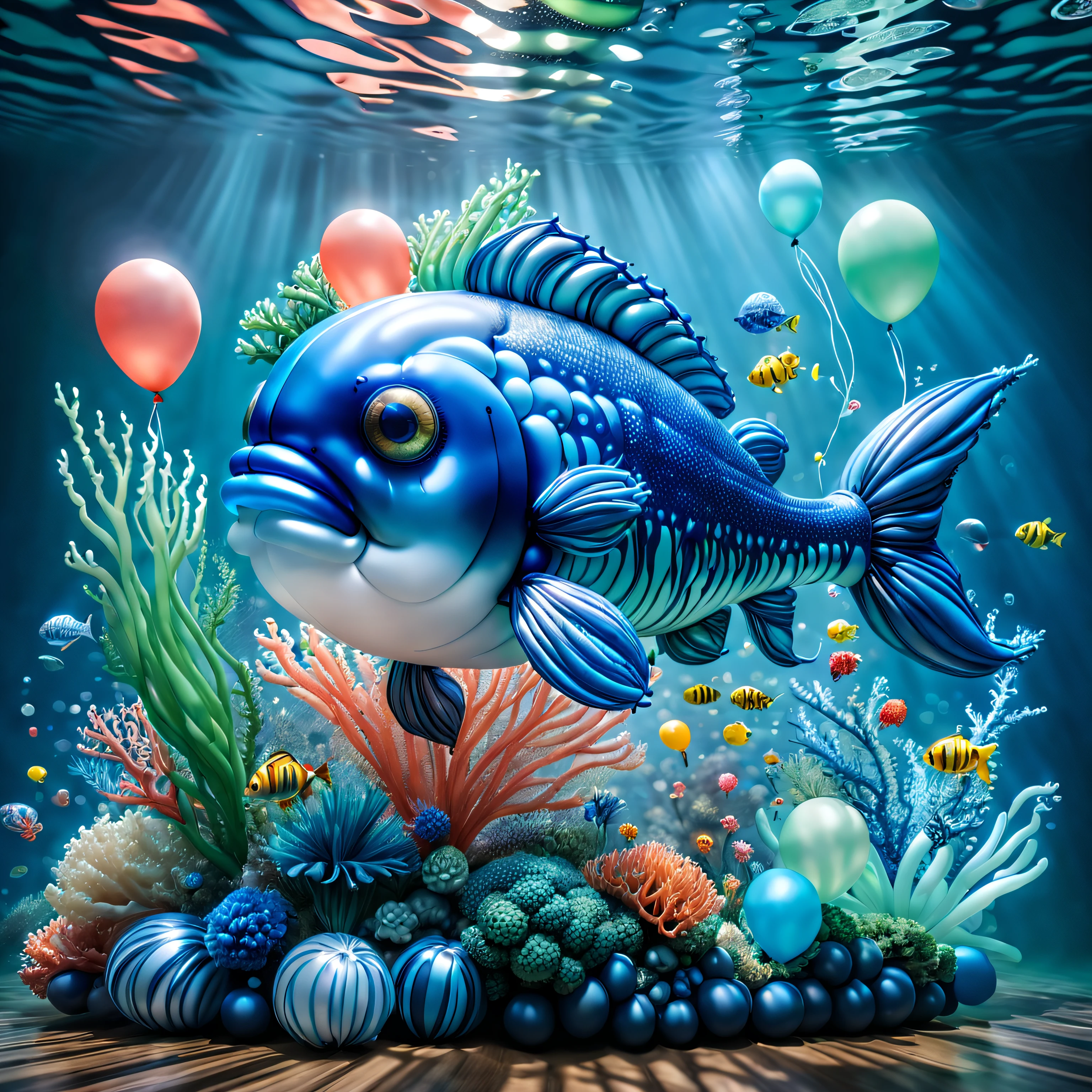 tmasterpiece, Best quality, (The is very detailed的 CG unified 8k 壁纸), (Best quality), (Best Best Illustration), (The best shadow), Balloon themed ocean,Incorporate natural elements. tall balloon mangrove, Abundant balloon marine plants, (((Sunfish made of balloons))), Surrounded by fish made of balloons, Glow particle effect,, (Sea plants made from balloons), (Marine theme), ((Glowing algae made from balloons)), (Coral made of balloons), ((Luminous creatures in seawater)), ((Sea fire)), (((particle effect))), ray traycing, ultra - detailed, balloons