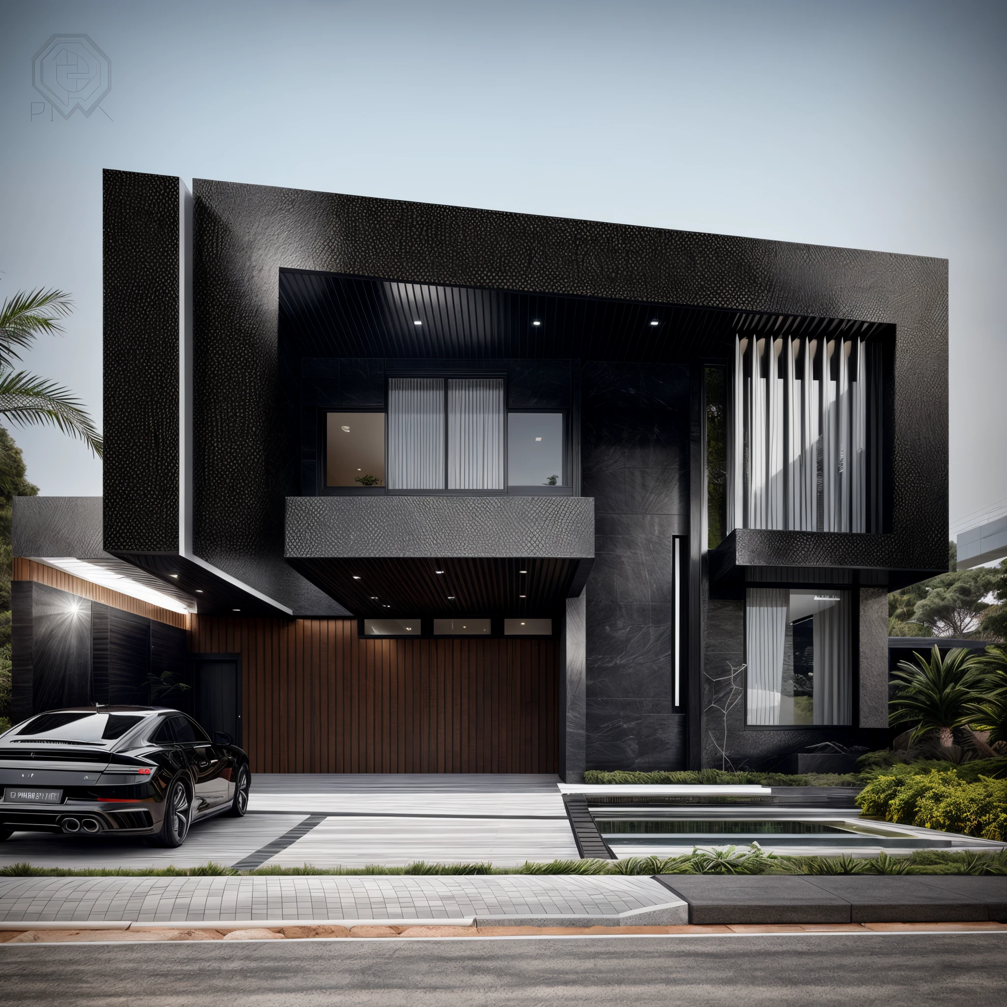 a black granite stone façade villa modern style, overall architectural design, black house, contemporary house, exterior design, realistic architecture, modern architecture design, large modern residence, precise architectural rendering, bold architecture, modern architecture, contemporary design