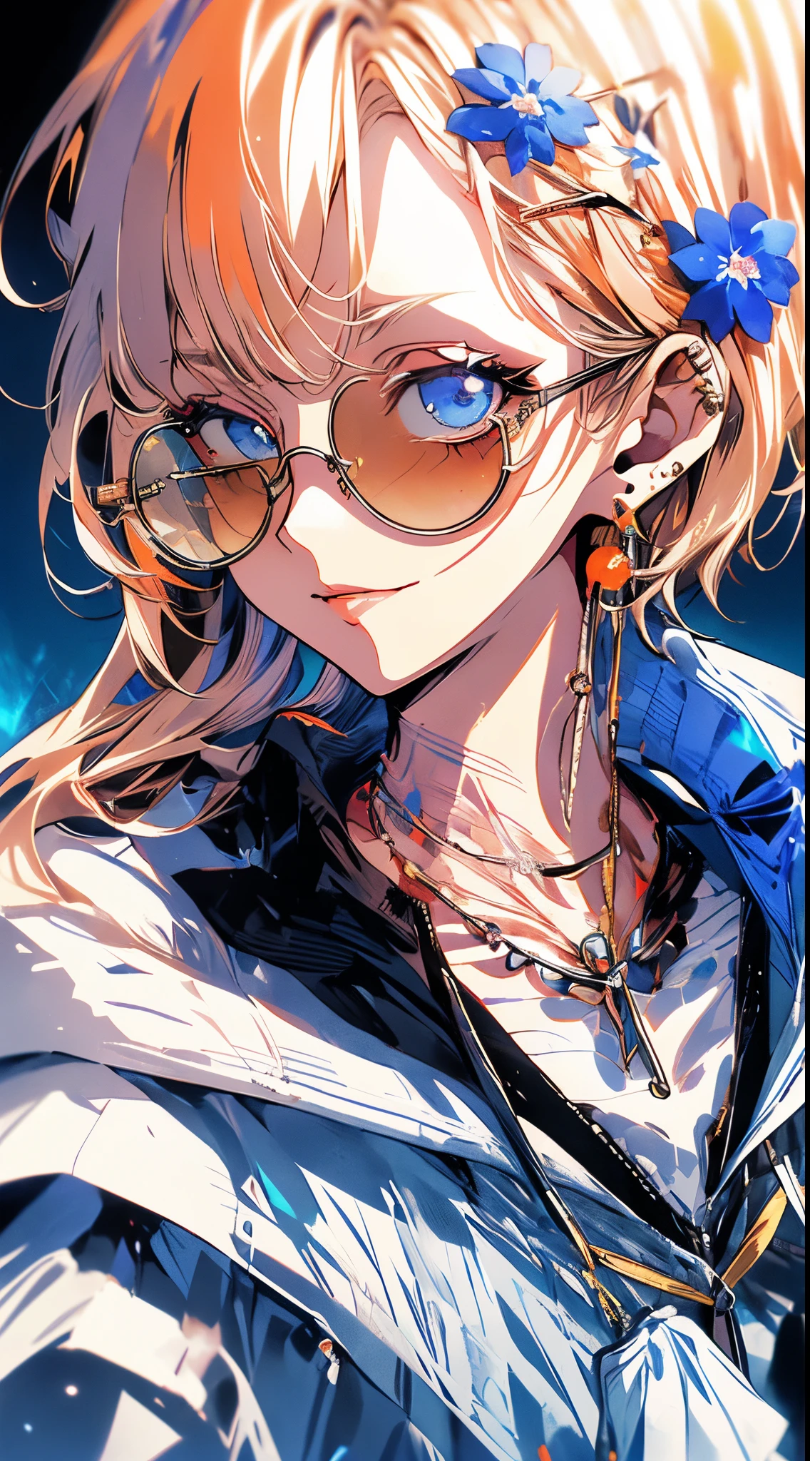 , (masterpiece:1.2), best quality,midjourney,
solo, tinted eyewear, jewelry, hair ornament, looking at viewer, black background, 1girl, short hair, blue eyes, earrings, simple background, flower, upper body, hair flower, orange-tinted eyewear, sunglasses, necklace, jacket, closed mouth, floral print, bangs, blonde hair, white hair, makeup, round eyewear, piercing