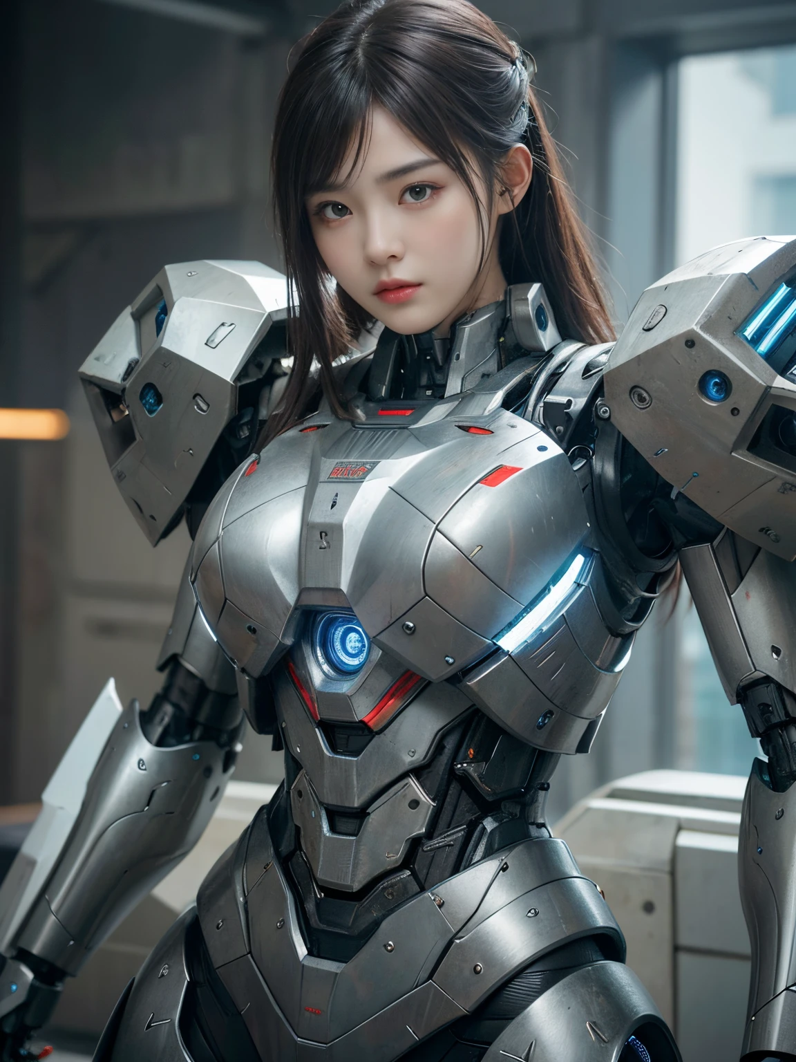 Textured skin, Super Detail, high details, High quality, Best Quality, hight resolution, 1080p, hard disk, Beautiful,(War Machine),beautiful cyborg woman,Mecha Cyborg Girl,Battle Mode,Girl with a Mecha Body,She wears a futuristic war machine weapon mech,Fulll body Shot,war zone background