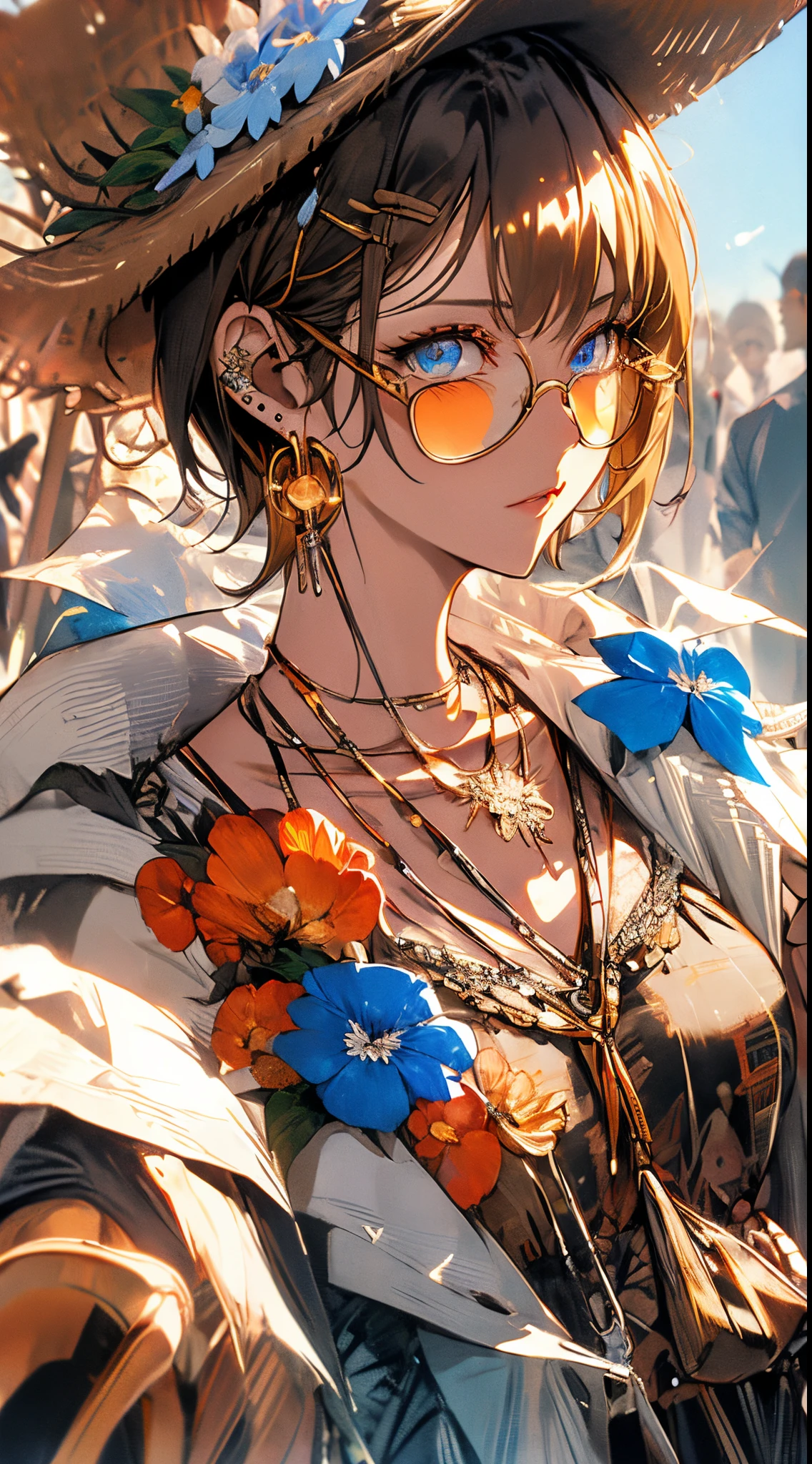 , (masterpiece:1.2), best quality,midjourney,
solo, tinted eyewear, jewelry, hair ornament, looking at viewer, black background, 1girl, short hair, blue eyes, earrings, simple background, flower, upper body, hair flower, orange-tinted eyewear, sunglasses, necklace, jacket, closed mouth, floral print, bangs, blonde hair, white hair, makeup, round eyewear, piercing