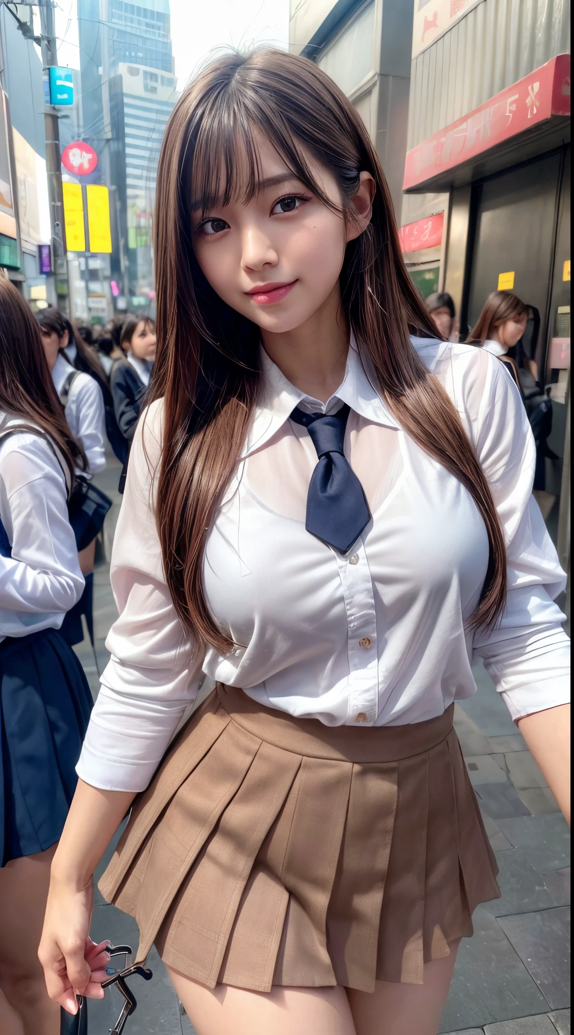 (8k, RAW photo, best quality, masterpiece:1.2), (realistic, photo-realistic:1.4), (extremely detailed 8k wallpaper), sharp focus, depth of field, bocinematic lighting, soft light,detailed beauty eyes,shiny smooth light brown long bob hair, asymmetrical bangs, shiny skin, super detailed skin,high resolution, high detailing, detailed hairstyle, detailed beauty face, hyper realistic, perfect limbs, perfect anatomy ,1 japanese girl,famous Japanese idol, perfect female body, large breasts,smile,short eyelashes,double-edged eyelid,long bob hair, (school uniform : 1.3), looking at viewer, (Crowded city streets:1.3),cowboy shot