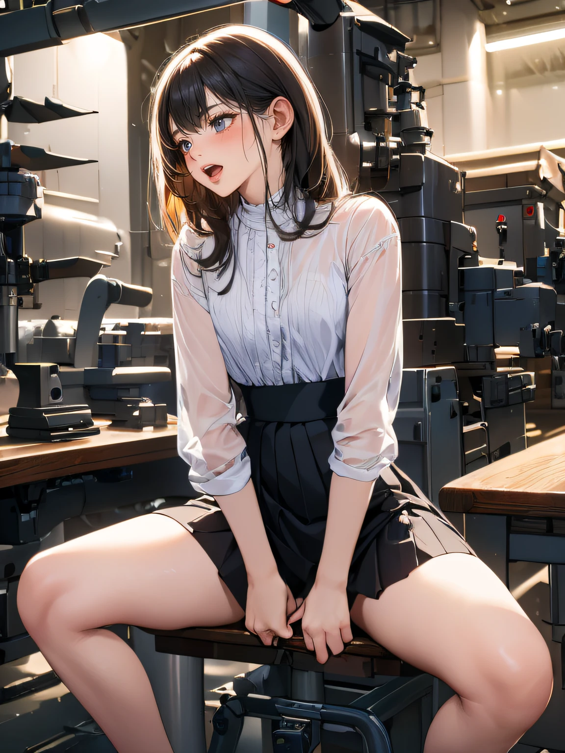 high-definition images, atmospheric perspective, 8k, super detail, accurate, best quality, single shot, a women, worker clothes with Christmas colors, tight skirt, (straddling to hit her crotch on exposed metal pipe), open legs, raise leg, (drooping eyes, blush, sleepy face), small breast, thin thighs, small buttocks, hair up, (in the factory, machines),