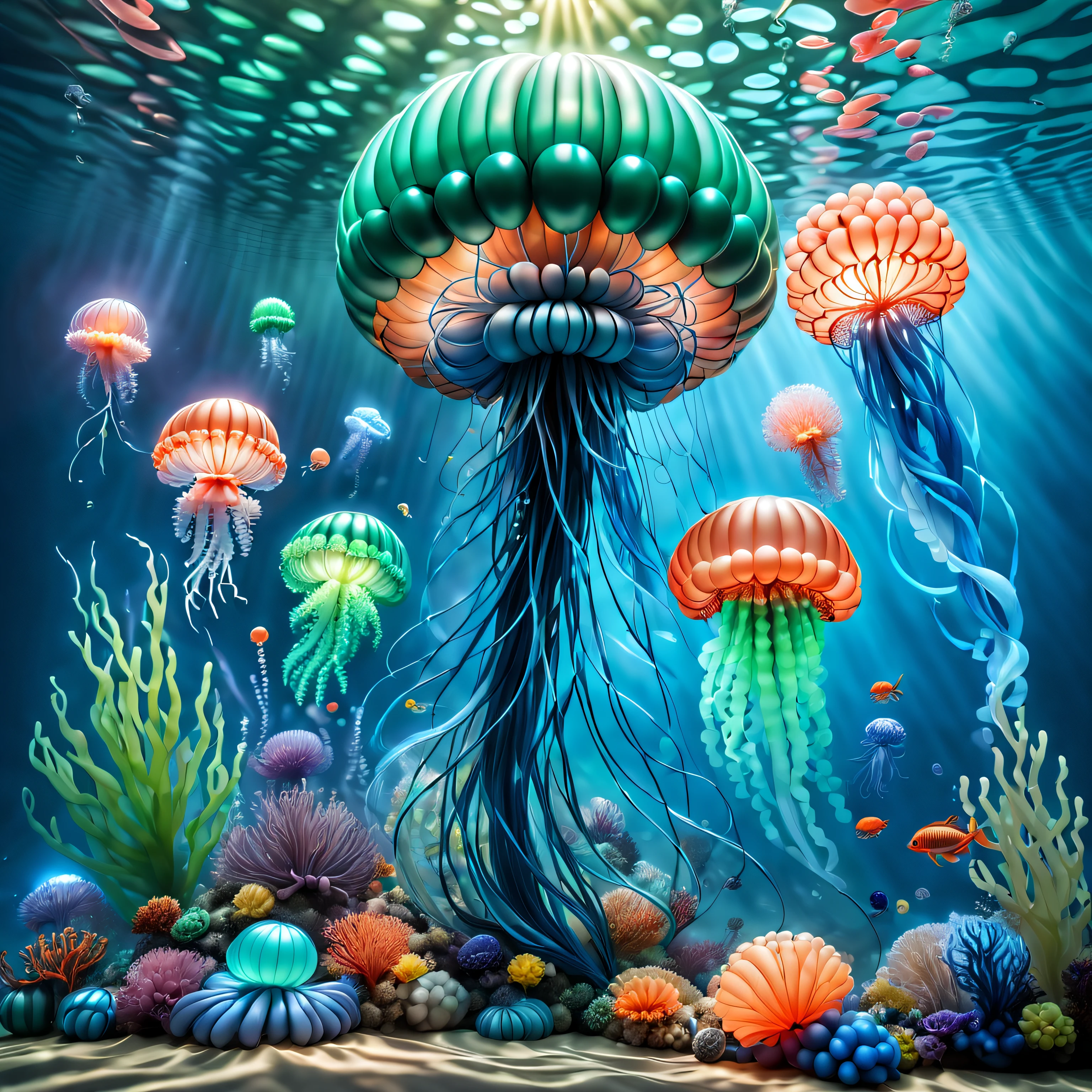 tmasterpiece, Best quality, (The is very detailed的 CG unified 8k 壁纸), (Best quality), (Best Best Illustration), (The best shadow), Balloon themed ocean,Incorporate natural elements. tall balloon mangrove, Abundant balloon marine plants, Glowing jellyfish made of balloons, Surrounded by fish made of balloons, Glow particle effect,, (Sea plants made from balloons), (Marine theme), ((Glowing algae made from balloons)), (Coral made of balloons), ((Glowing jellyfish )), ((Luminous creatures in seawater)), ((Sea fire)), (((particle effect))), ray traycing, ultra - detailed, balloons