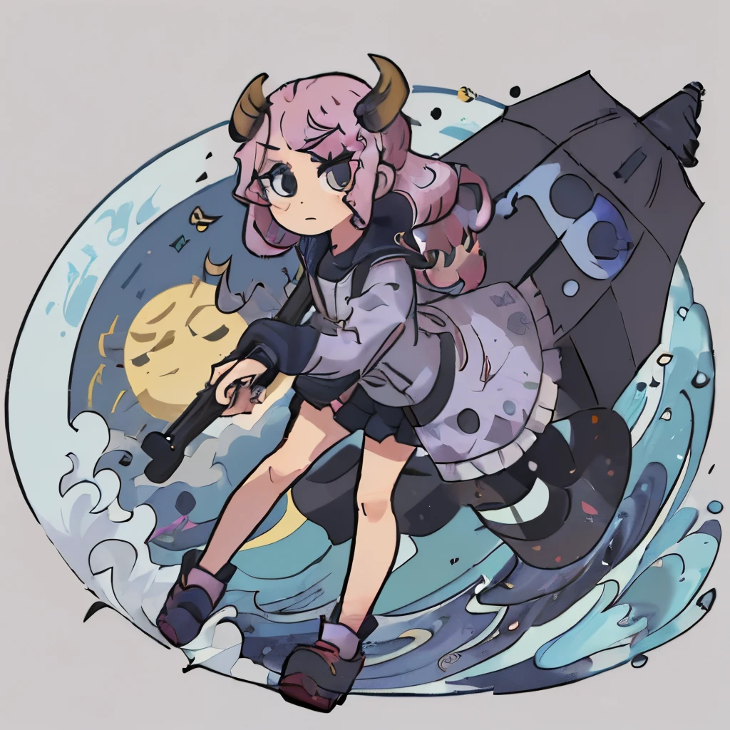 1girl, Onda_Hair, macio_Outift, corpo_gordura, lua_olho, umbrella, vaca_perna