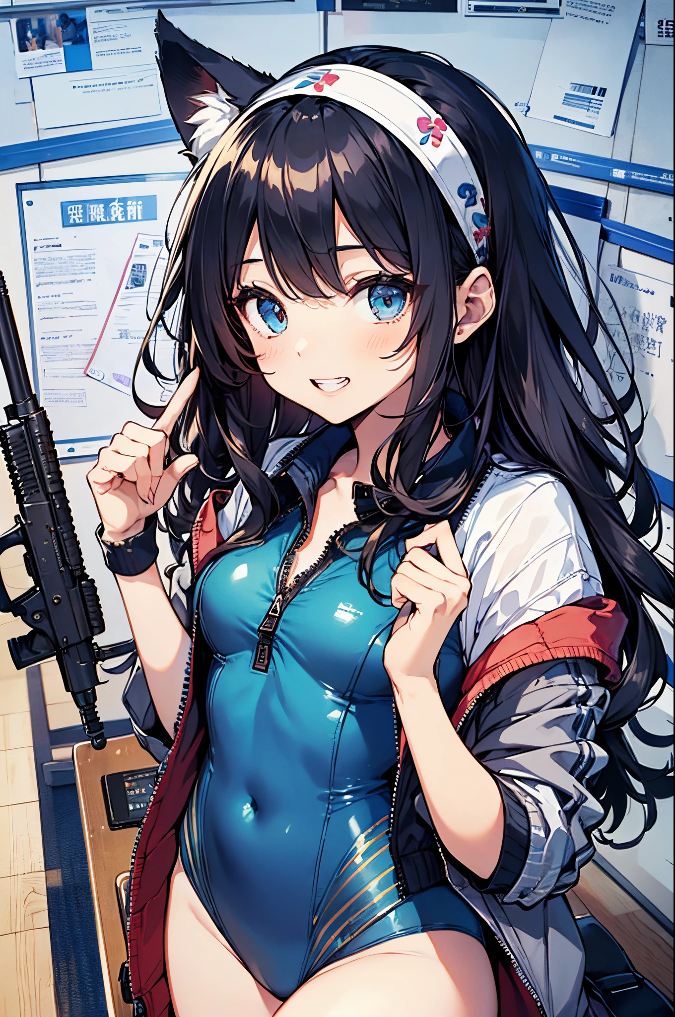 ((2D Beautiful Girl、top-quality、perfect finger 14、perfect anatomy 1.4、Very delicate and beautiful illustration))、kawaii girl、(Transformation Sequence)、((student style jacket、cardigan gun、leotard))、14years 、a junior high school student、Fractal art、a baby face、((Straight Long Hair))、Fine and beautiful eyes、The best smile that shows your teeth、Full body display、blue-sky、‎Classroom、Cute headband、Fox ears、
