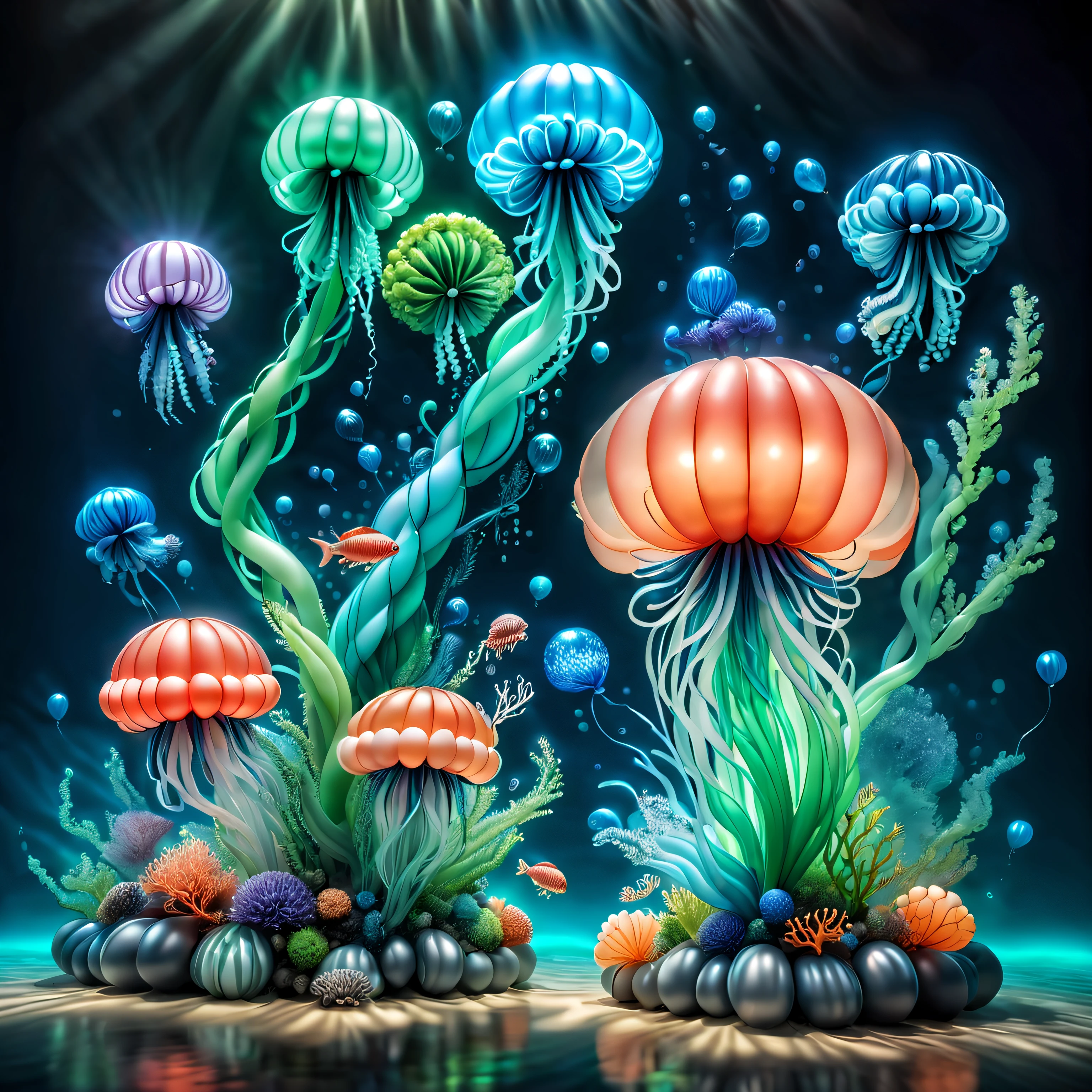 tmasterpiece, Best quality, (The is very detailed的 CG unified 8k 壁纸), (Best quality), (Best Best Illustration), (The best shadow), Balloon themed ocean,Incorporate natural elements. tall balloon mangrove, Abundant balloon marine plants, Glowing jellyfish made of balloons, Surrounded by fish made of balloons, Glow particle effect,, (Sea plants made from balloons), (Marine theme), ((Glowing algae made from balloons)), (Coral made of balloons), ((Glowing jellyfish )), ((Luminous creatures in seawater)), ((Sea fire)), (((particle effect))), ray traycing, ultra - detailed, balloons