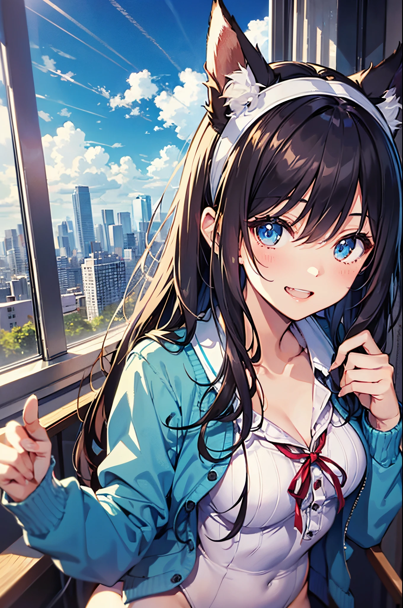 ((2D Beautiful Girl、top-quality、perfect finger 14、perfect anatomy 1.4、Very delicate and beautiful illustration))、kawaii girl、(Transformation Sequence)、((student style jacket、cardigan gun、leotard))、14years 、a junior high school student、Fractal art、a baby face、((Straight Long Hair))、Fine and beautiful eyes、The best smile that shows your teeth、Full body display、blue-sky、‎Classroom、Cute headband、Fox ears、
