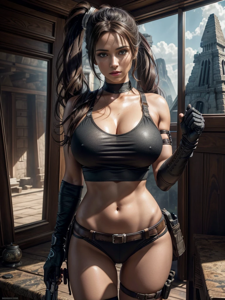 Beautiful young woman,Laura Croft,long brown hair in a ponytail,beautiful detailed eyes,beautiful detailed lips,extremely detailed eyes and face,longeyelashes,big bouncing breasts,blue t-shirt and black thong,white sox,black gloves,hiking boots,thigh gun holsters,(best quality,4k,8k,highres,masterpiece:1.2),ultra-detailed,(realistic,photorealistic,photo-realistic:1.37),HDR,UHD,studio lighting,ultra-fine painting,sharp focus,physically-based rendering,extreme detail description,professional,exuding a sexy appeal set against the backdrop of an Aztec pyramid, with highly detailed surroundings, lifelike skin tones, and light reflections to elevate the realism . Ensure intricate skin details, HDR lighting, and ray tracing effects, striving for an art piece reminiscent of a renowned artist's style, aiming for maximum visual allure and lifelike realism.vivid Tomb Raider, Syfy, artists,beautiful young woman (Laura Croft),long brown hair in a ponytail (beautiful and detailed),big bouncing breasts, ((( exposed breasts 1.6))) ,blue t-shirt and black thong,white sox,black gloves,hiking boots,thigh gun holsters,sharp focus,ultra-detailed,portraits,physically-based rendering,vivid colors. Full body
