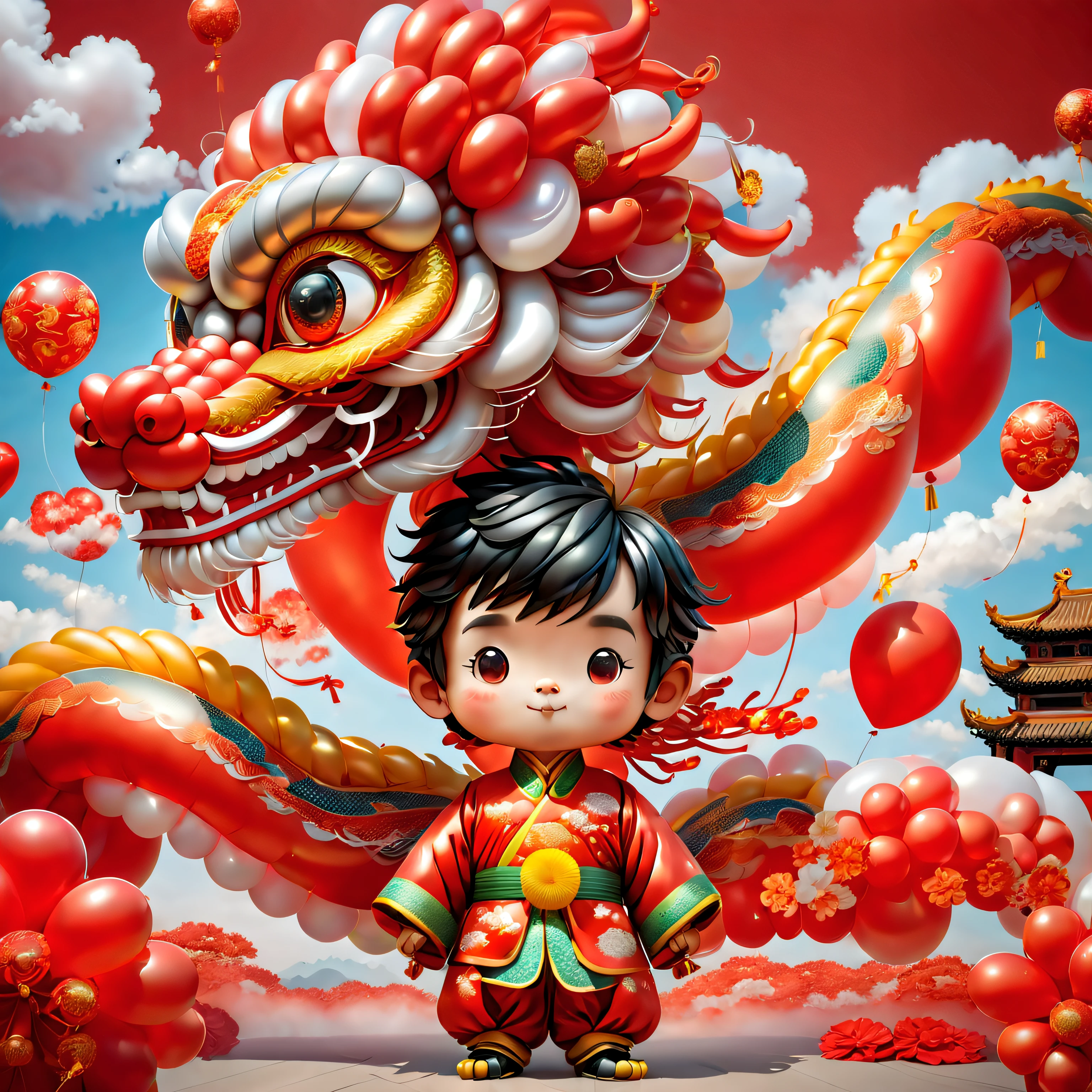 ((1 cute and festive balloon Chinese dragon and a balloon boy, Wearing traditional Chinese clothes made of balloons, UE5, firecrackers, Auspicious clouds, fundo vermelho)), Cute and detailed digital art, lovely digital painting, Cute balloon penguin, Lovely detailed artwork, ((Cute vector illustration)), digital painting very detailed, Cute and colorful, cute big breasts, Highly detailed digital artwork, detail-rich、plethora of colors