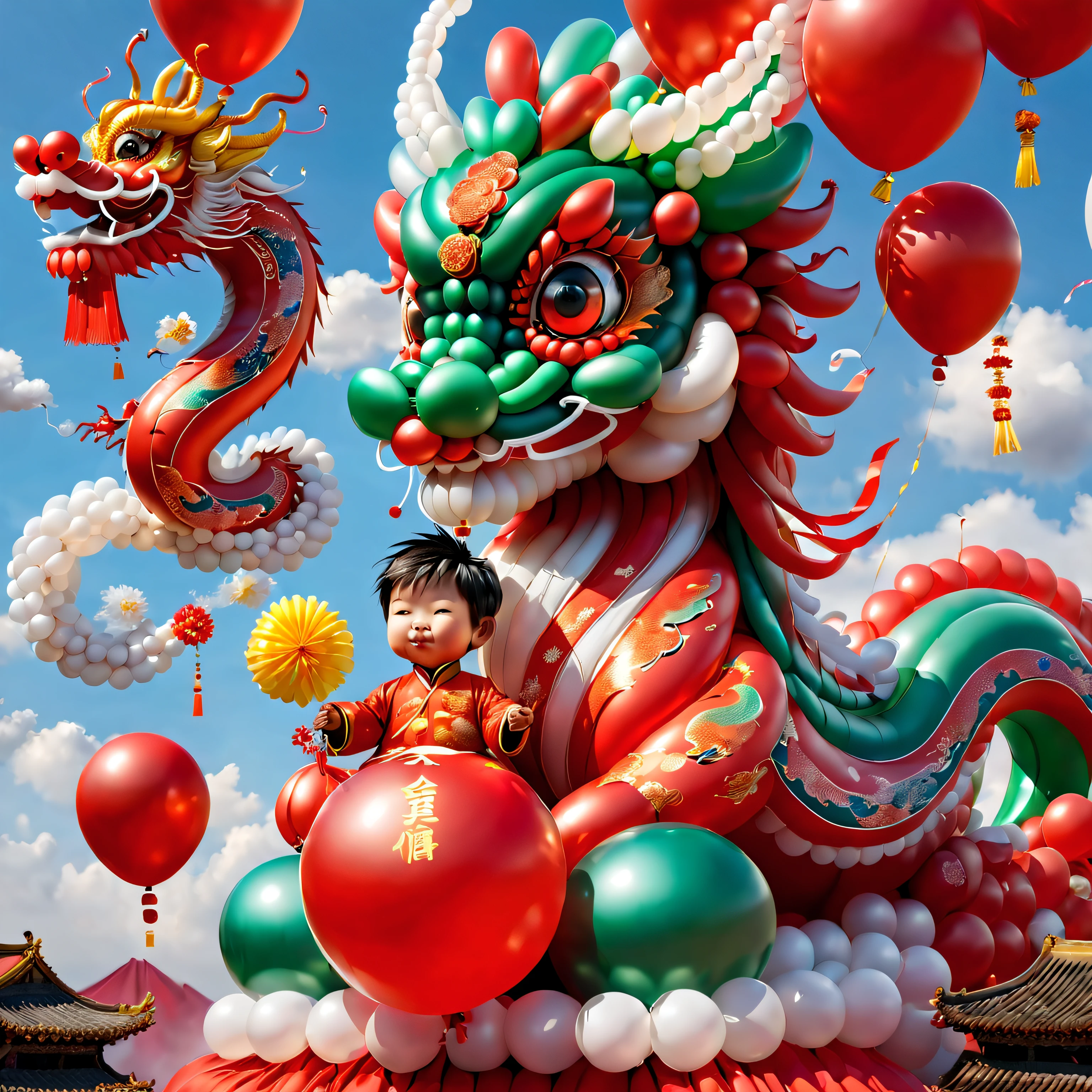 ((1 cute and festive balloon Chinese dragon and a balloon boy, Wearing traditional Chinese clothes made of balloons, UE5, firecrackers, Auspicious clouds, fundo vermelho)), Cute and detailed digital art, lovely digital painting, Cute balloon penguin, Lovely detailed artwork, Cute 3d rendering, digital painting very detailed, Cute and colorful, cute big breasts, Highly detailed digital artwork, detail-rich、plethora of colors