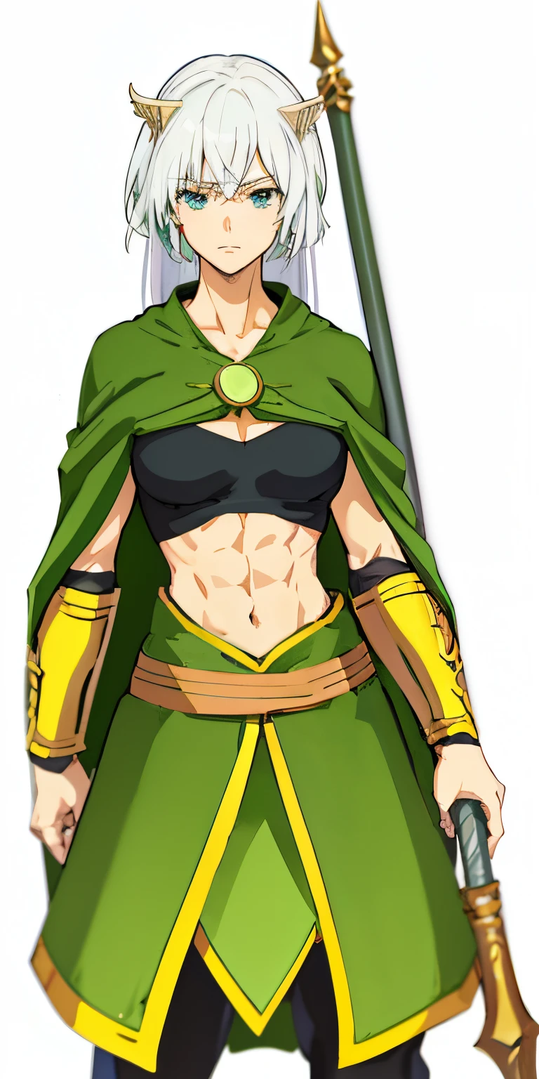 anime muscular woman in a green outfit holding a spear or staff and wearonga green cape,