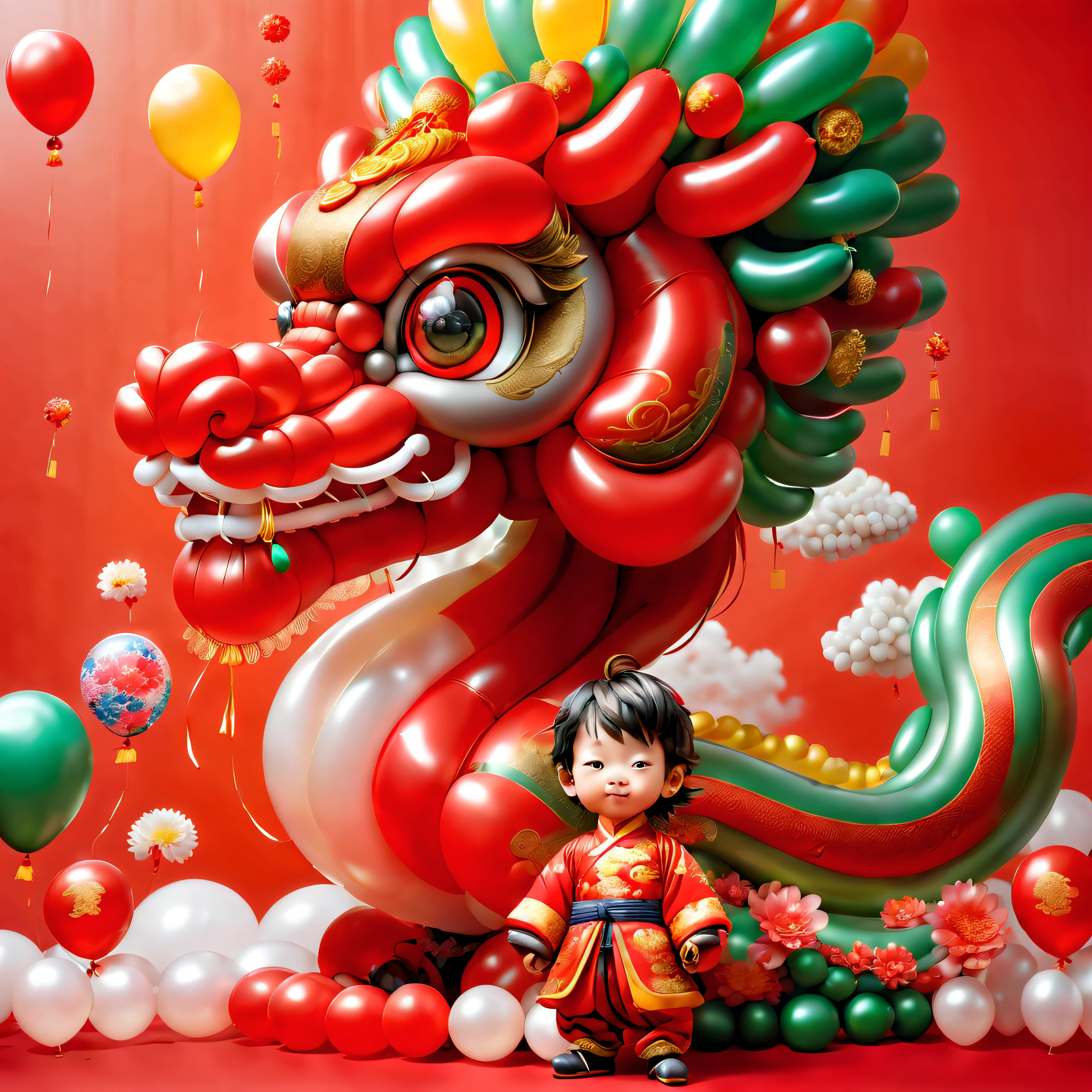 ((1 cute and festive balloon Chinese dragon and a balloon boy, Wearing traditional Chinese clothes made of balloons, UE5, firecrackers, Auspicious clouds, fundo vermelho)), Cute and detailed digital art, lovely digital painting, Cute balloon penguin, Lovely detailed artwork, Cute 3d rendering, digital painting very detailed, Cute and colorful, cute big breasts, Highly detailed digital artwork, detail-rich、plethora of colors