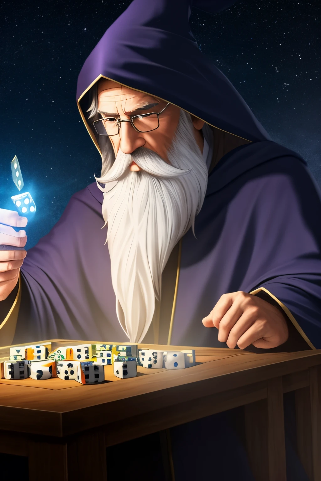 a mysterious long-cloaked wizard with long white beard playing dice