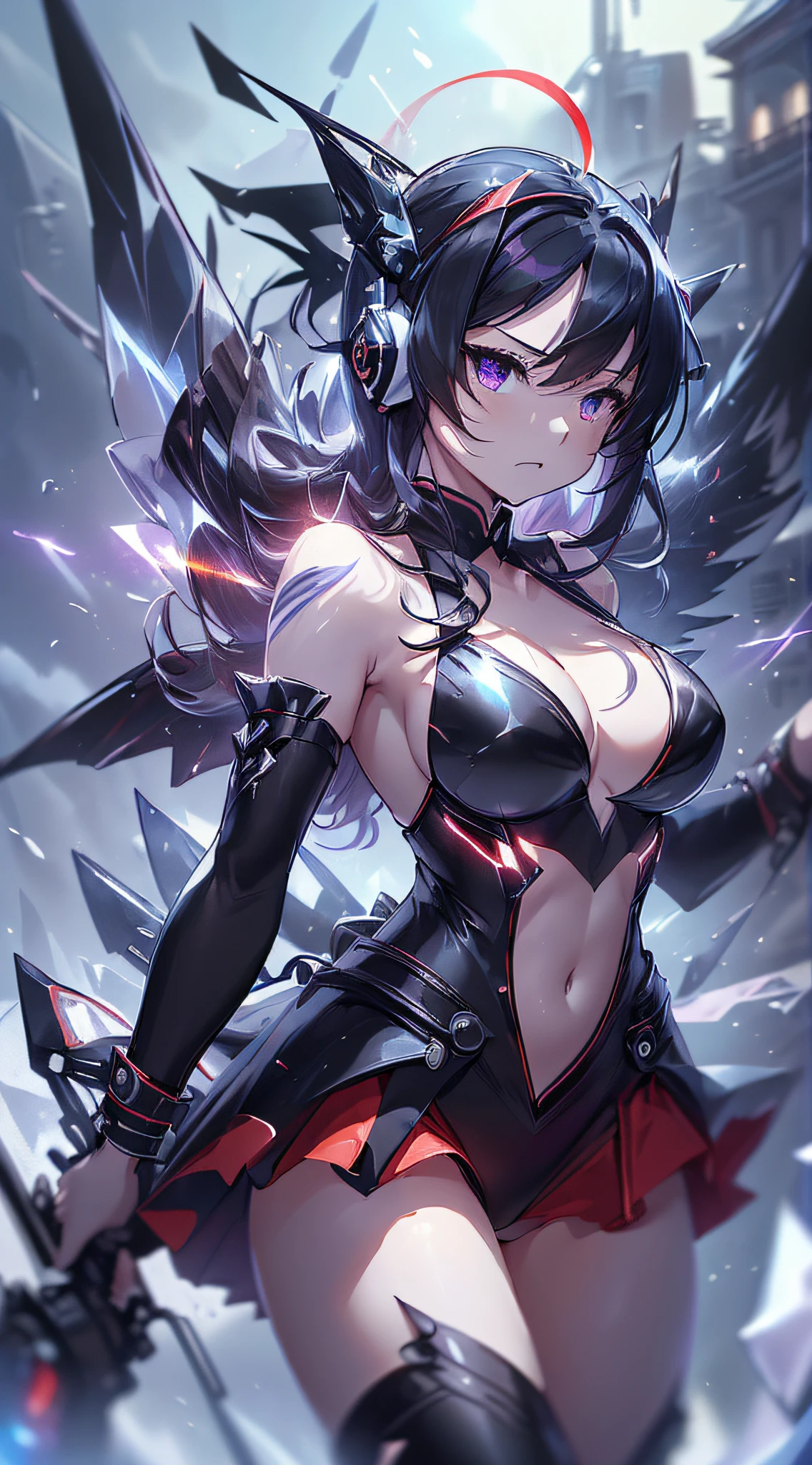 top-quality、Top image quality、​masterpiece、girl with((Red short skirt、Black Bikini、White suit、glowing mechanic suit、18year old、teen ager、cute little、Best Bust、big bast,Beautiful shining purple eyes、Breasts wide open, a blond、Longhaire、A slender,Large valleys、belligerent movements,sharp claws、With sniper rifle、head phone、black bright wings、fighting poses、Bad face、splatters、Feeling of sprinting)),hiquality、Beautiful Art、Background with((Midwinter world、Oyuki、snow blowing)))、Depth(planet earth）,masutepiece、depth of fields,Cinematic style