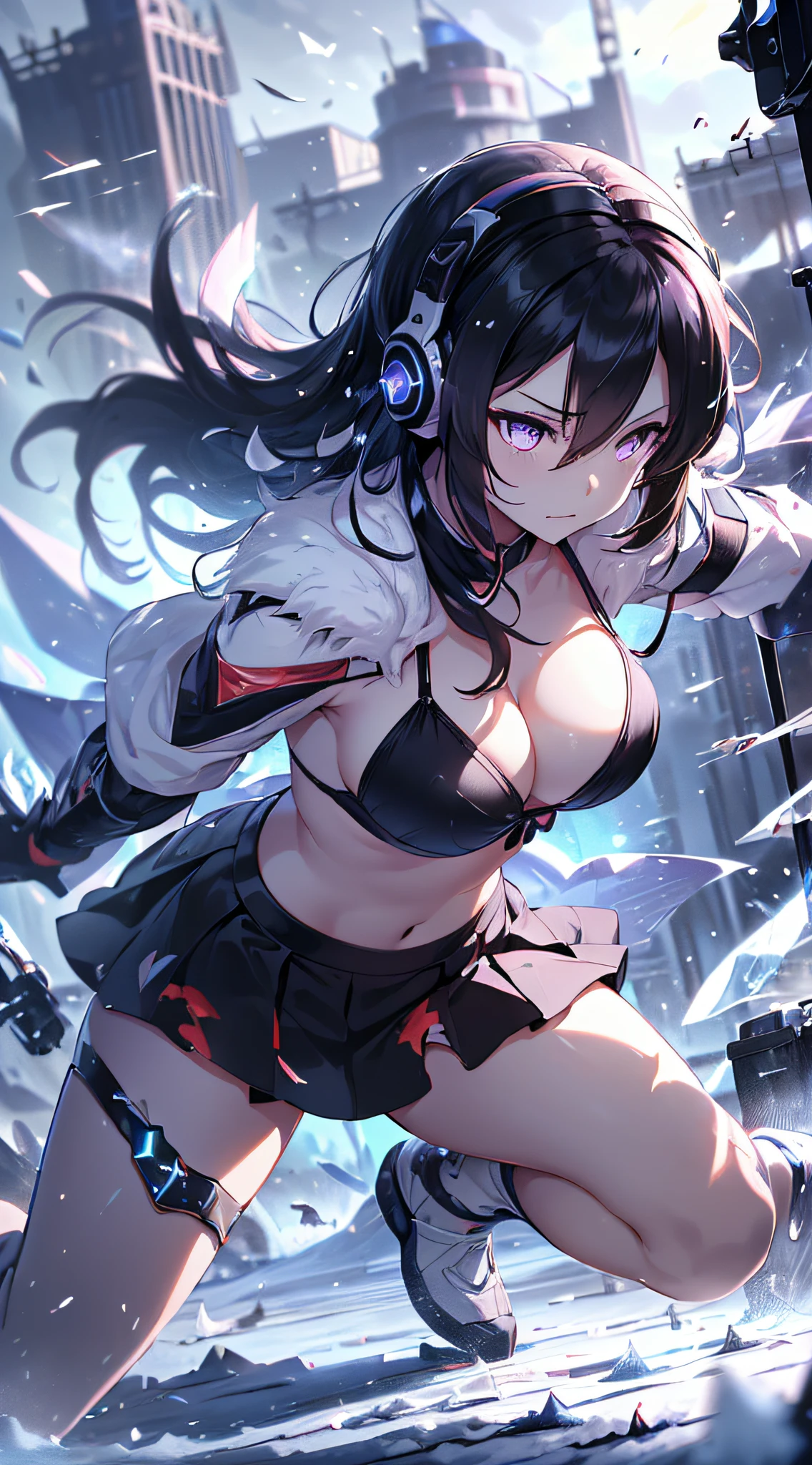 top-quality、Top image quality、masterpiece、girl with((Red short skirt、Black Bikini、White suit、glowing mechanic suit、18year old、r、cute little、Best Bust、big bast,Beautiful shining purple eyes、Breasts wide open, a blond、Longhaire、A slender,Large valleys、belligerent movements,sharp claws、With sniper rifle、head phone、black bright wings、fighting poses、Bad face、splatters、Feeling of sprinting)),hiquality、Beautiful Art、Background with((Midwinter world、Oyuki、snow blowing)))、Depth(planet earth),masutepiece、depth of fields,Cinematic style