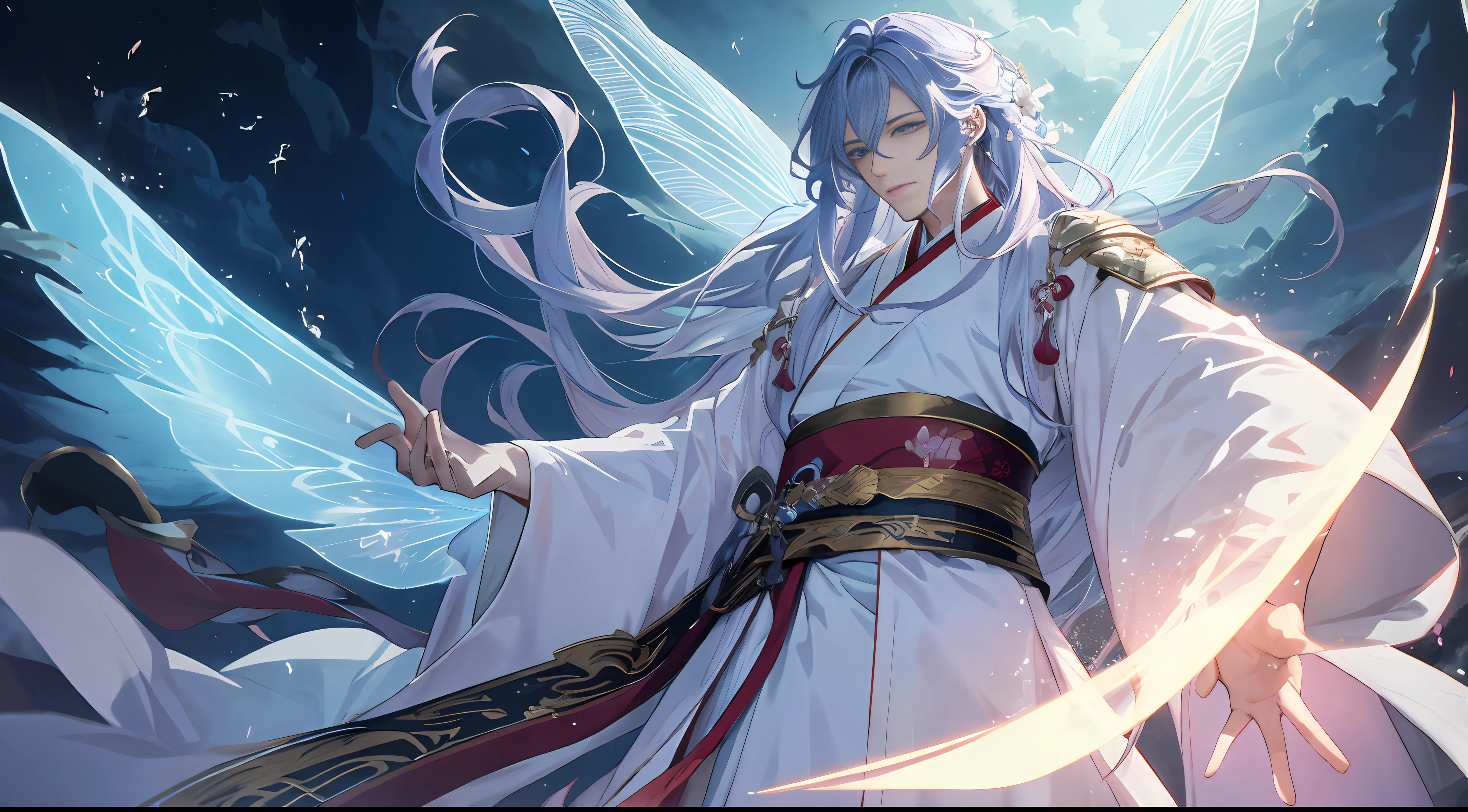 Hanfu, male, manly, long hair, wide robe with big sleeves, fairy fluttering, floating, cloudy, extreme detail, dramatic composition, glow