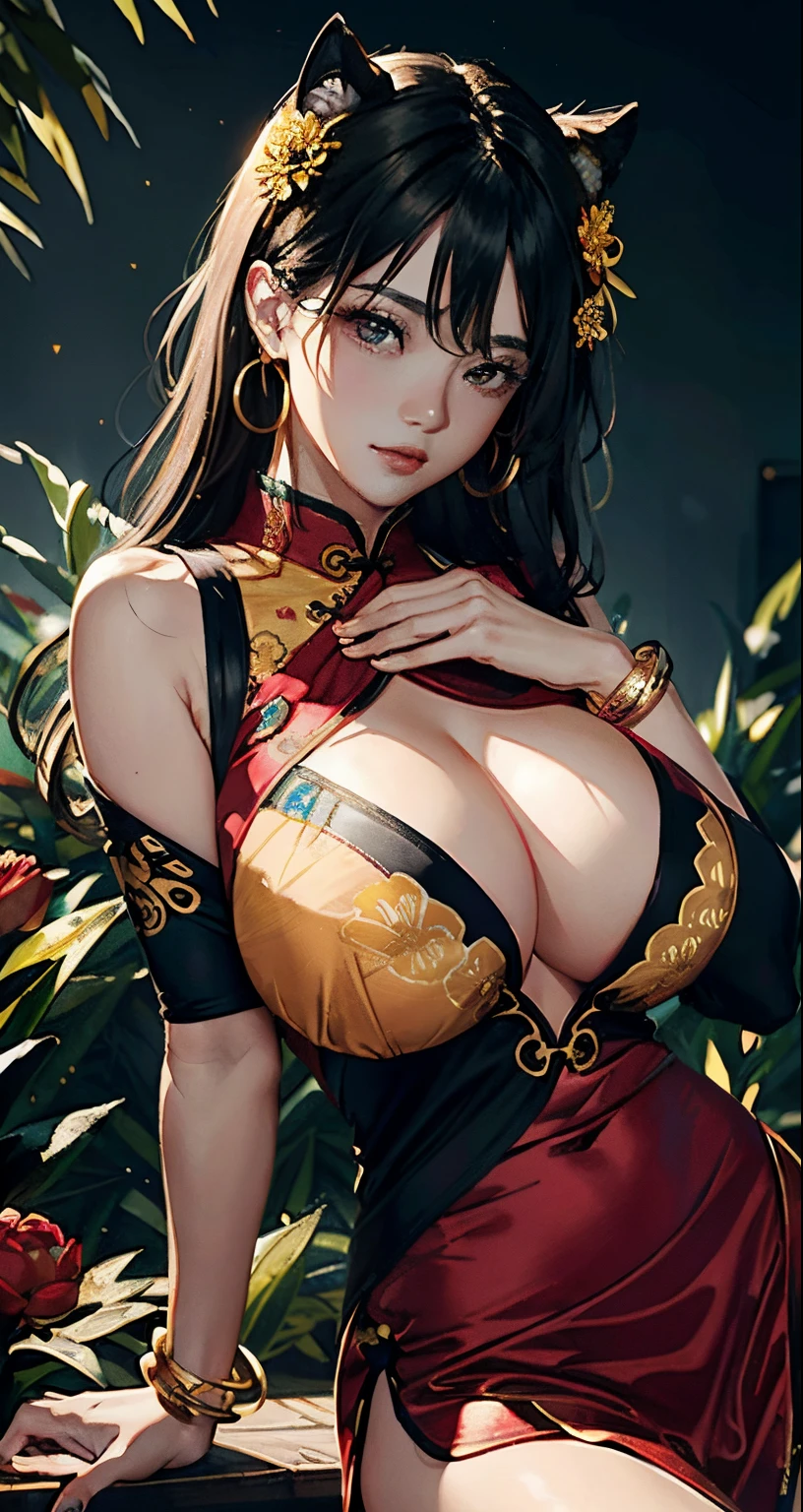 A girl，huge tit，cabelos preto e longos，hair straight，Air bangs，Wearing a golden peony decoration on the head，best facial portrayal，with brown eye，mesmerizing eyes，long eyelasher，Face flushing，Ears decorated with gold earrings，face to the viewer，staredown，Wearing a purple printed high-slit cheongsam，cropped shoulders，Cheongsam decorated with peonies and golden chrysanthemums，Gold bracelet on right hand，Place the orchid finger of your left hand on your chest，Put your right hand on the lower right，exposing thighs，Background decorated with flowers，best art form，HighestQuali