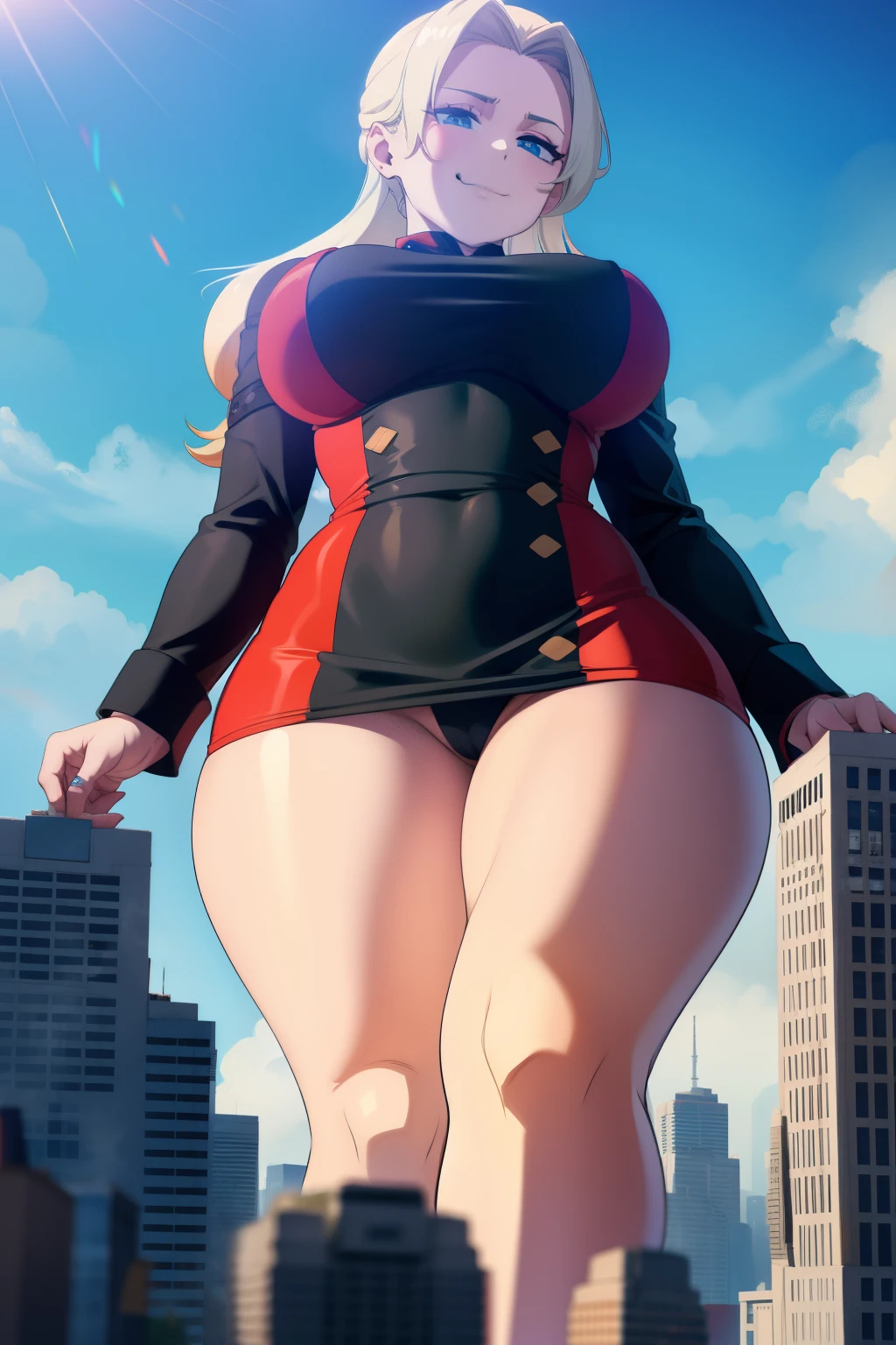 GTS, giantess, curvy, busty, smirk, evil, thick thighs, walking, aerial view