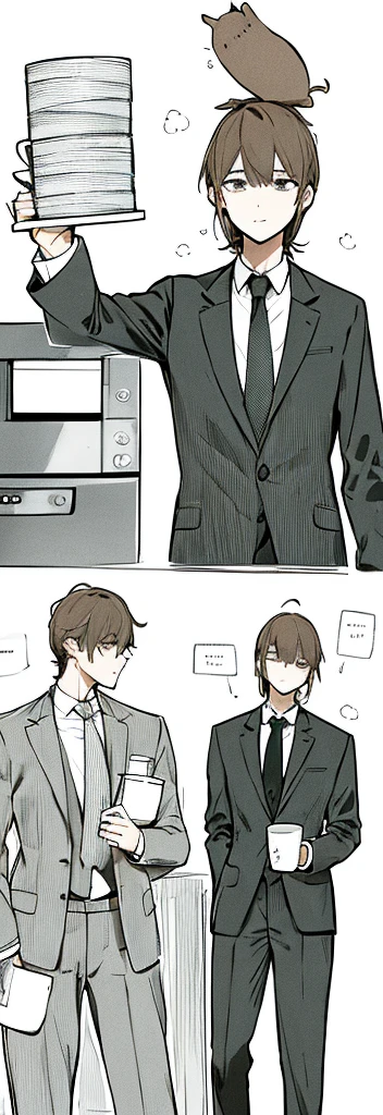 One in a suit、wearing a tie、(Drawing of man holding coffee machine on head), Topic details: dressed in a suit, Dressed in period costume, Suits and ties, dressed in a suit, wearing a worn out suit, clear outfit design