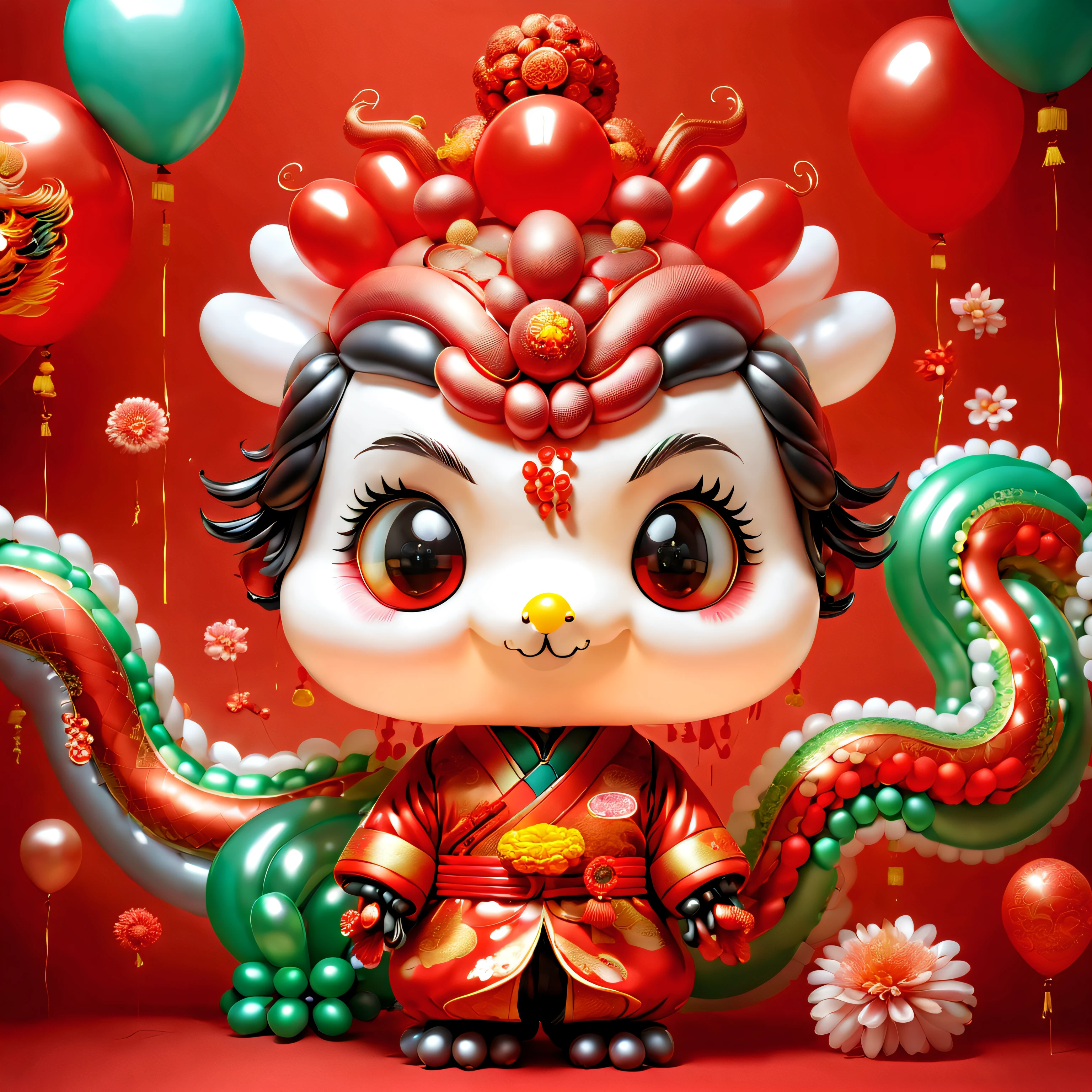 ((1 cute and festive balloon Chinese dragon and a balloon boy, Wearing traditional Chinese clothes made of balloons, UE5, firecrackers, Auspicious clouds, fundo vermelho)), Cute and detailed digital art, lovely digital painting, Cute balloon penguin, Lovely detailed artwork, Cute 3d rendering, digital painting very detailed, Cute and colorful, cute big breasts, Highly detailed digital artwork, detail-rich、plethora of colors