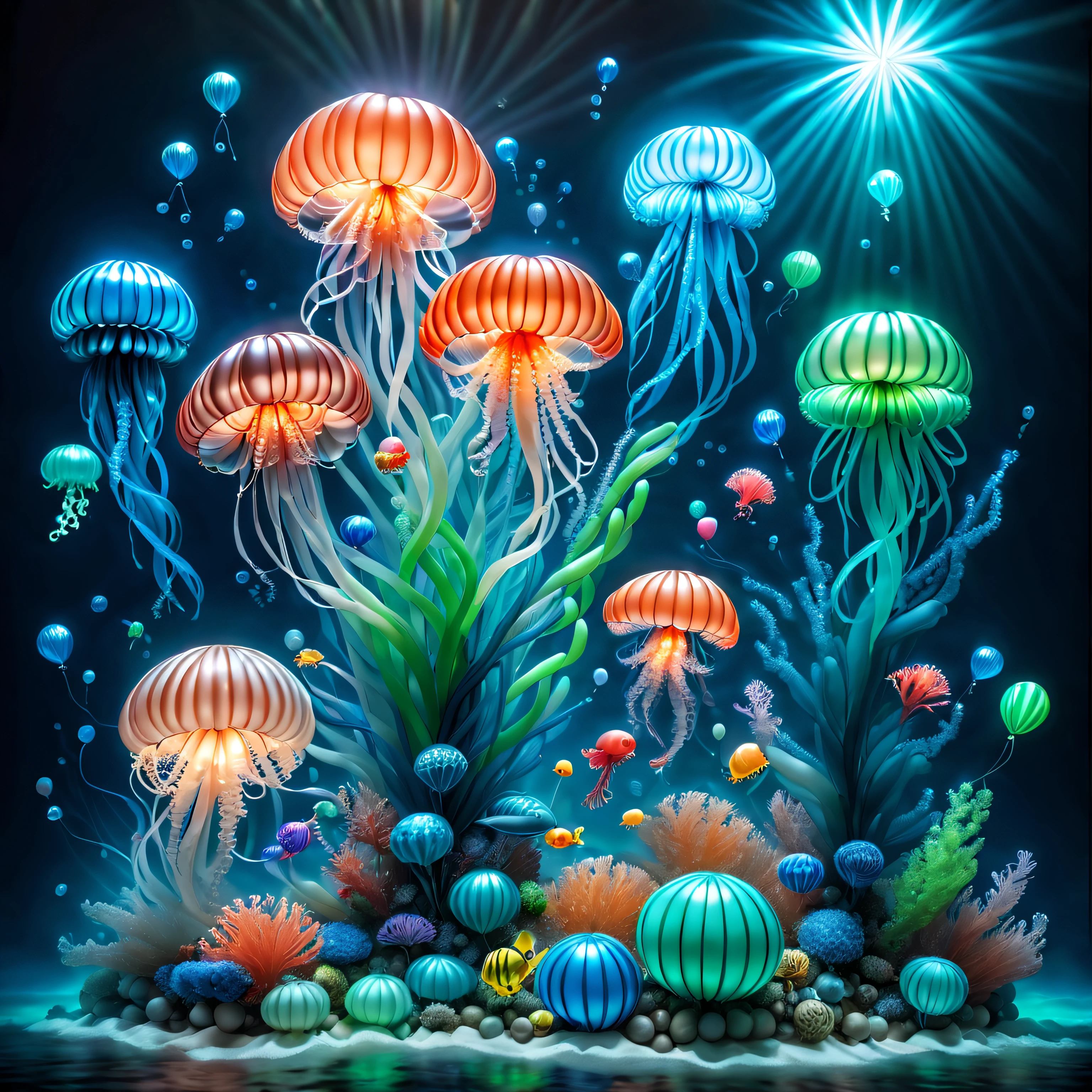 tmasterpiece, Best quality, (The is very detailed的 CG unified 8k 壁纸), (Best quality), (Best Best Illustration), (The best shadow), Balloon themed ocean，Incorporate natural elements. tall balloon mangrove, Abundant balloon marine plants, Glowing jellyfish made of balloons, Surrounded by fish made of balloons, Glow particle effect,, (Sea plants made from balloons), (Marine theme), ((Glowing algae made from balloons)), (Coral made of balloons), ((Glowing jellyfish )), ((Luminous creatures in seawater)), ((Sea fire)), (((particle effect))), ray traycing, ultra - detailed, balloons