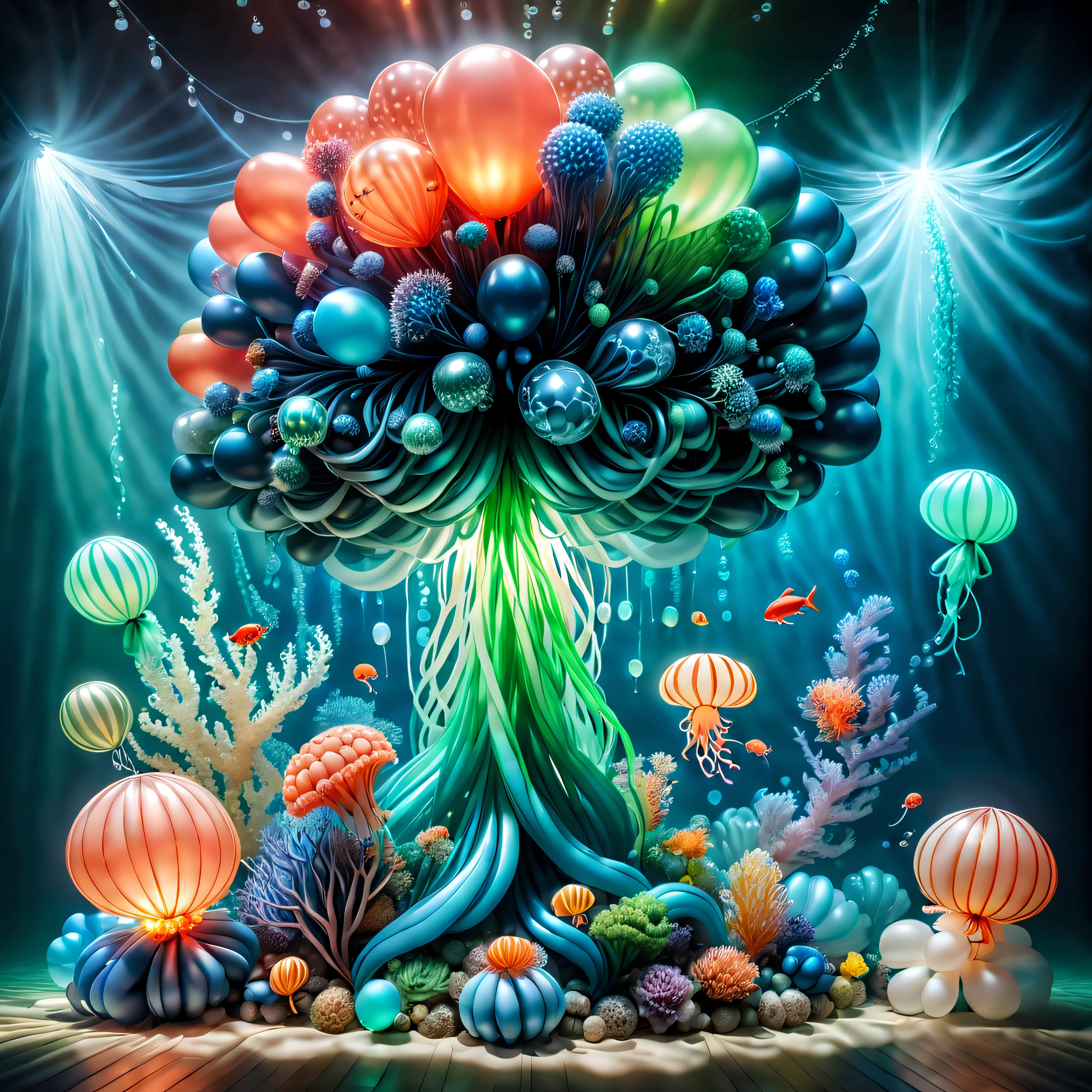 tmasterpiece, Best quality, (The is very detailed的 CG unified 8k 壁纸), (Best quality), (Best Best Illustration), (The best shadow), Balloon themed ocean,Incorporate natural elements. tall balloon mangrove, Abundant balloon marine plants, Glowing jellyfish made of balloons, Surrounded by fish made of balloons, Glow particle effect,, (Sea plants made from balloons), (Marine theme), ((Glowing algae made from balloons)), (Coral made of balloons), ((Glowing jellyfish )), ((Luminous creatures in seawater)), ((Sea fire)), (((particle effect))), ray traycing, ultra - detailed, balloons