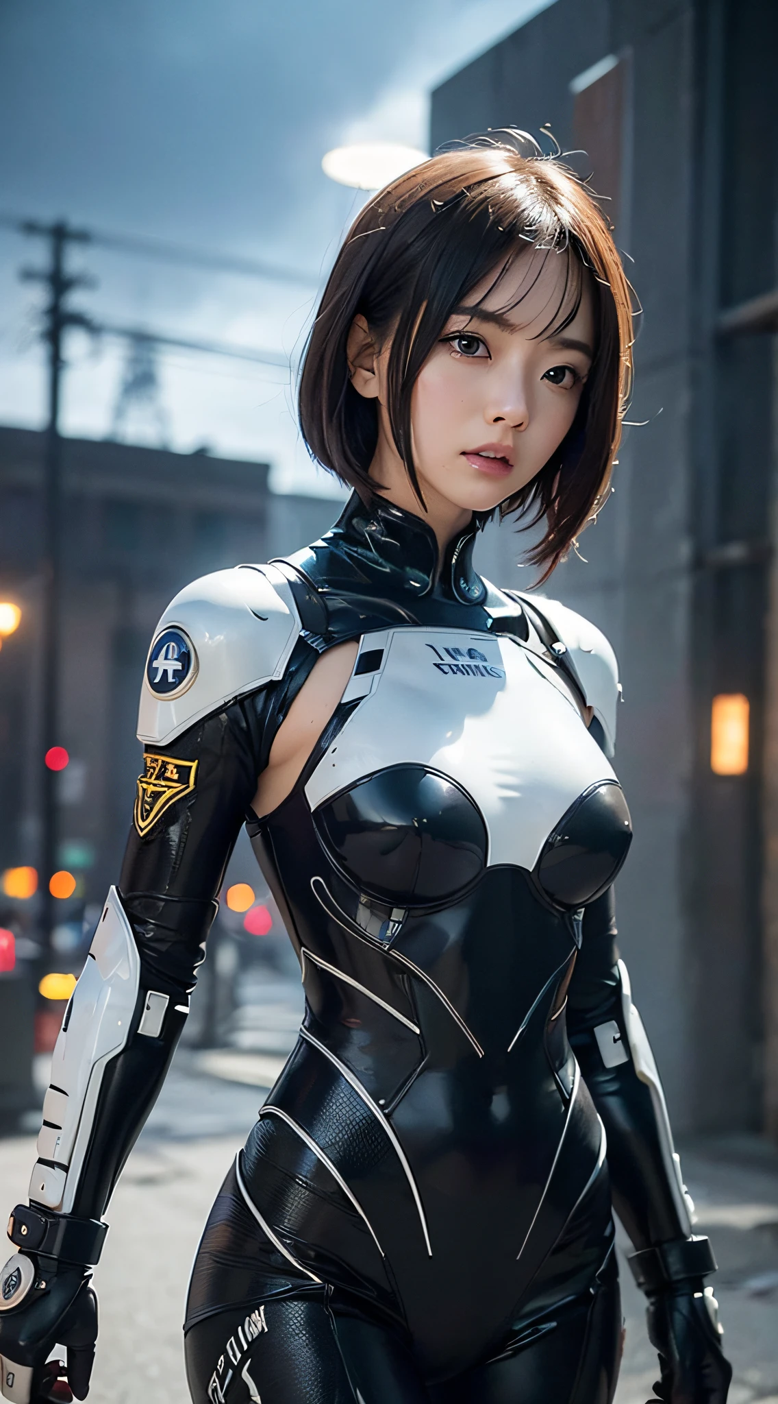 (a closeup:1.4)、(Raw photography:1.2)、(Photorealsitic:1.4)、(masterpiece:1.3)、(top-quality:1.4)、(Beautiful woman with perfect body:1.4)、Woman standing in front of a group of robots、beautiful android woman、Beautiful Female Soldier、Girl in suit、complex combat uniform、beautiful young japanese woman、Highly detailed facial and skin texture、Detailed Big Eyes、二重まぶた、cute face、(a short bob:1.2)、(huge-breasted)、(FULL BODYSHOT)、cowboy shot、(angry expressions:1.2)、Storms and epic war scenes、cyberpunk scene、Night、illuminations、plugsuit、combat uniform damage、