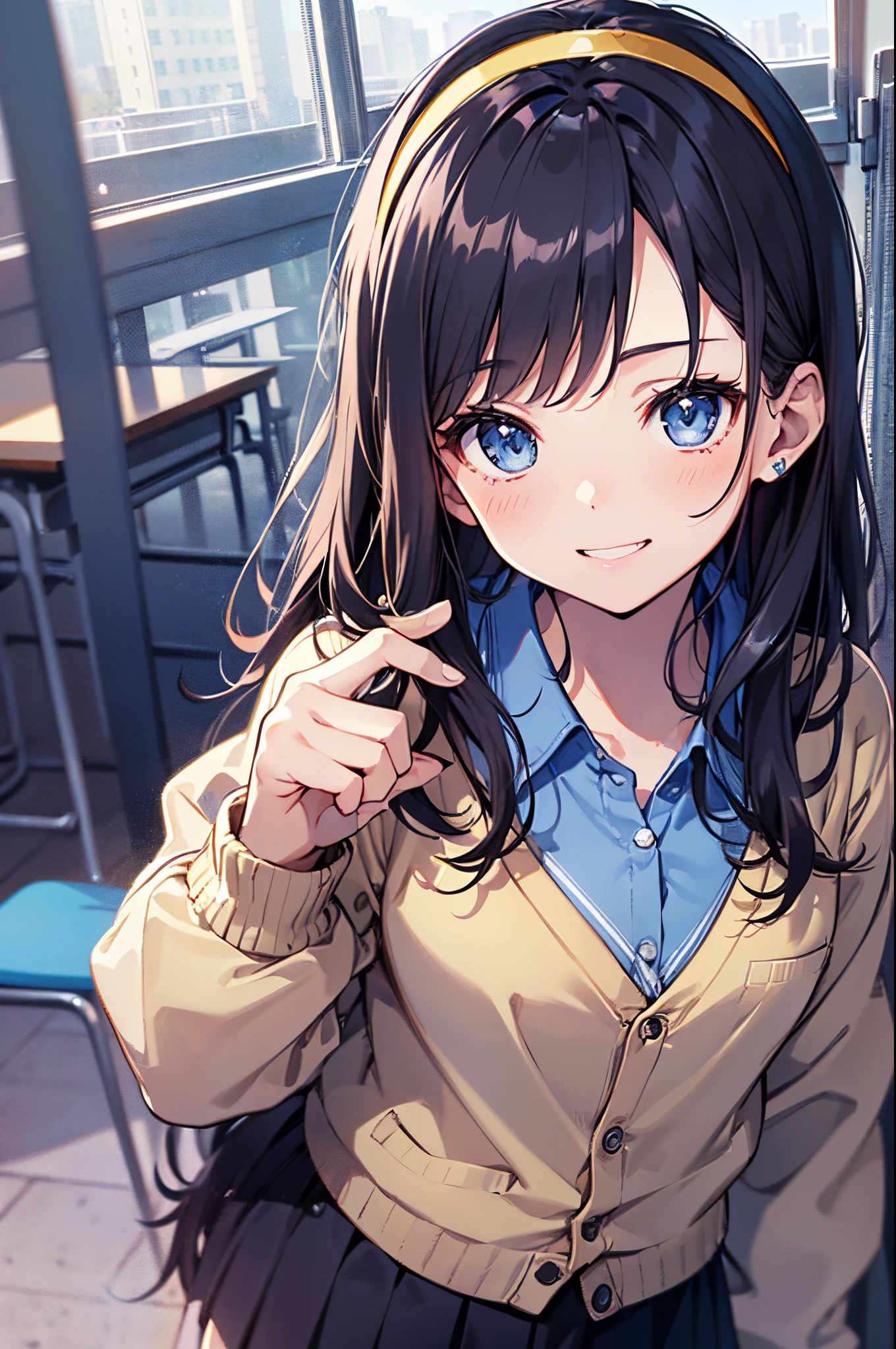 ((2D Beautiful Girl、top-quality、perfect finger 14、perfect anatomy 1.4、Very delicate and beautiful illustration))、kawaii girl、(Transformation Sequence)、((student style jacket、cardigan gun、swim wears))、14years 、a junior high school student、Fractal art、a baby face、((Straight Long Hair))、Fine and beautiful eyes、The best smile that shows your teeth、Full body display、blue-sky、‎Classroom、Cute headband、
