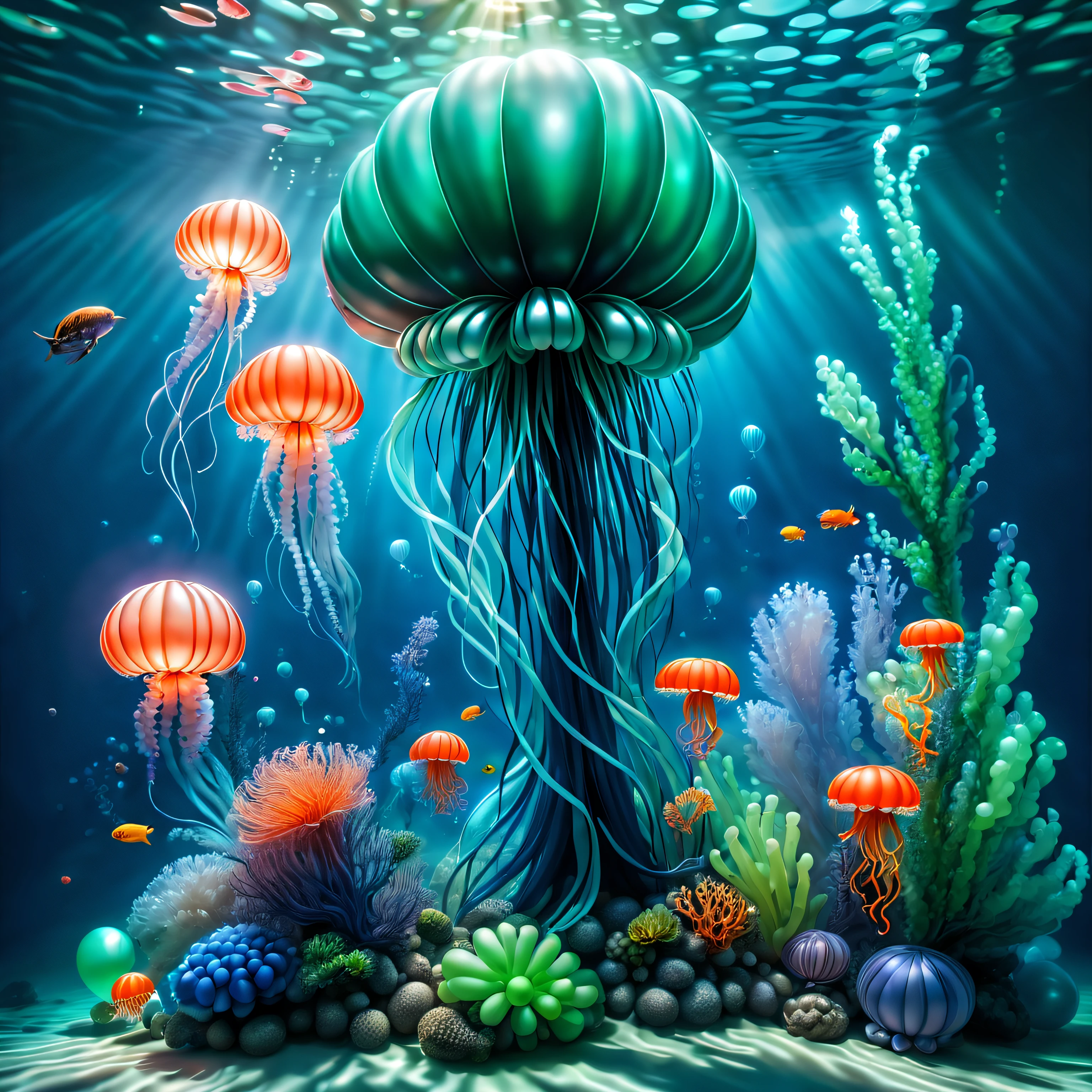 tmasterpiece, Best quality, (The is very detailed的 CG unified 8k 壁纸), (Best quality), (Best Best Illustration), (The best shadow), Balloon themed ocean,Incorporate natural elements. tall balloon mangrove, Abundant balloon marine plants, Glowing jellyfish made of balloons, Surrounded by fish made of balloons, Glow particle effect,, (Sea plants made from balloons), (Marine theme), ((Glowing algae made from balloons)), (Coral made of balloons), ((Glowing jellyfish )), ((Luminous creatures in seawater)), ((Sea fire)), (((particle effect))), ray traycing, ultra - detailed, balloons