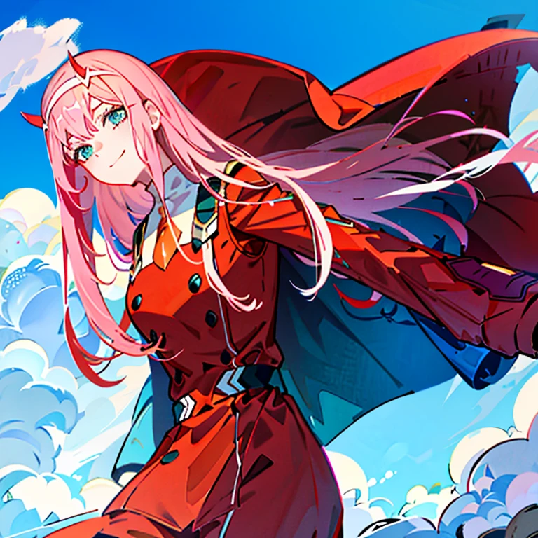 zero two \(darling in franxx\), darling in franxx, 1girl, ascot, fringe, blue background, green eyes, hair band, horns, long hair, long sleeves, looking at viewer, red jacket, closed jacket, military uniform, oni horns, orange ascot, pink hair, red horns, simple background, smile, solo, standing, uniform, white hair band, ((masterpiece)), outdoor environment, blue sky, Focus on the character