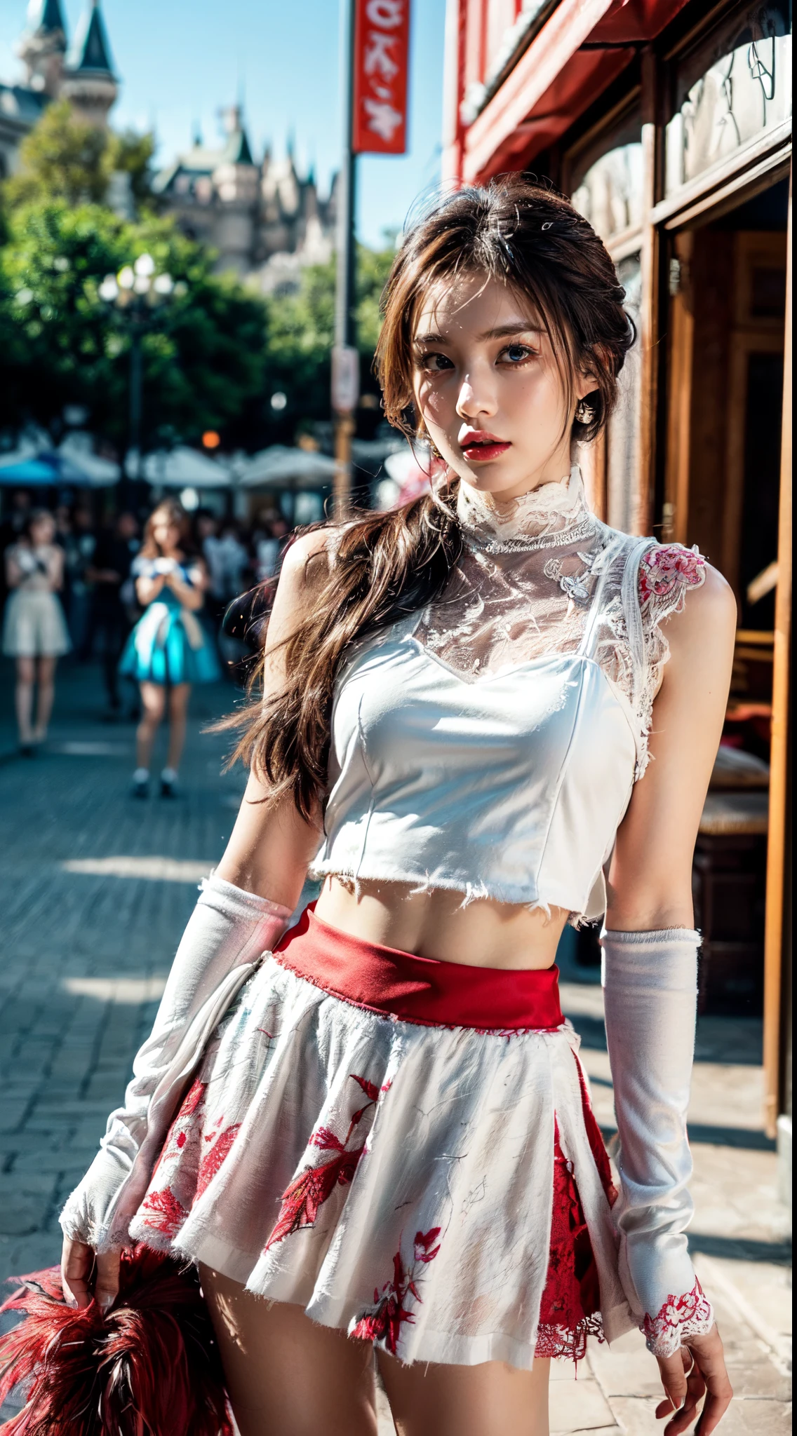 (Ultra-detailed eyes), (((textile shading))), (((Best Quality))), (((masutepiece))), (((Ultra-detailed CG))), sassy girl, (((magical girl))), (Petite), (tiny chest), brown hair, brown hair, brown hair, pin up emo, ((, gorgeous hair)), Pink eyes, (((retro style, red and white blumarine crop graphic lace tank, frayed skirt, winter glove, y2k))), ((striking a pose)), (((Game CG)) (gorgeous, sassy, it girl), fancy jewelry,theme park, colorful place, colorful place, colorful olace, strong theme park atmosphere, strong 80s atmosphere, cowboy shot, midshot, centered image, eye on camera, daylight, no one people on the background, no one people on the background