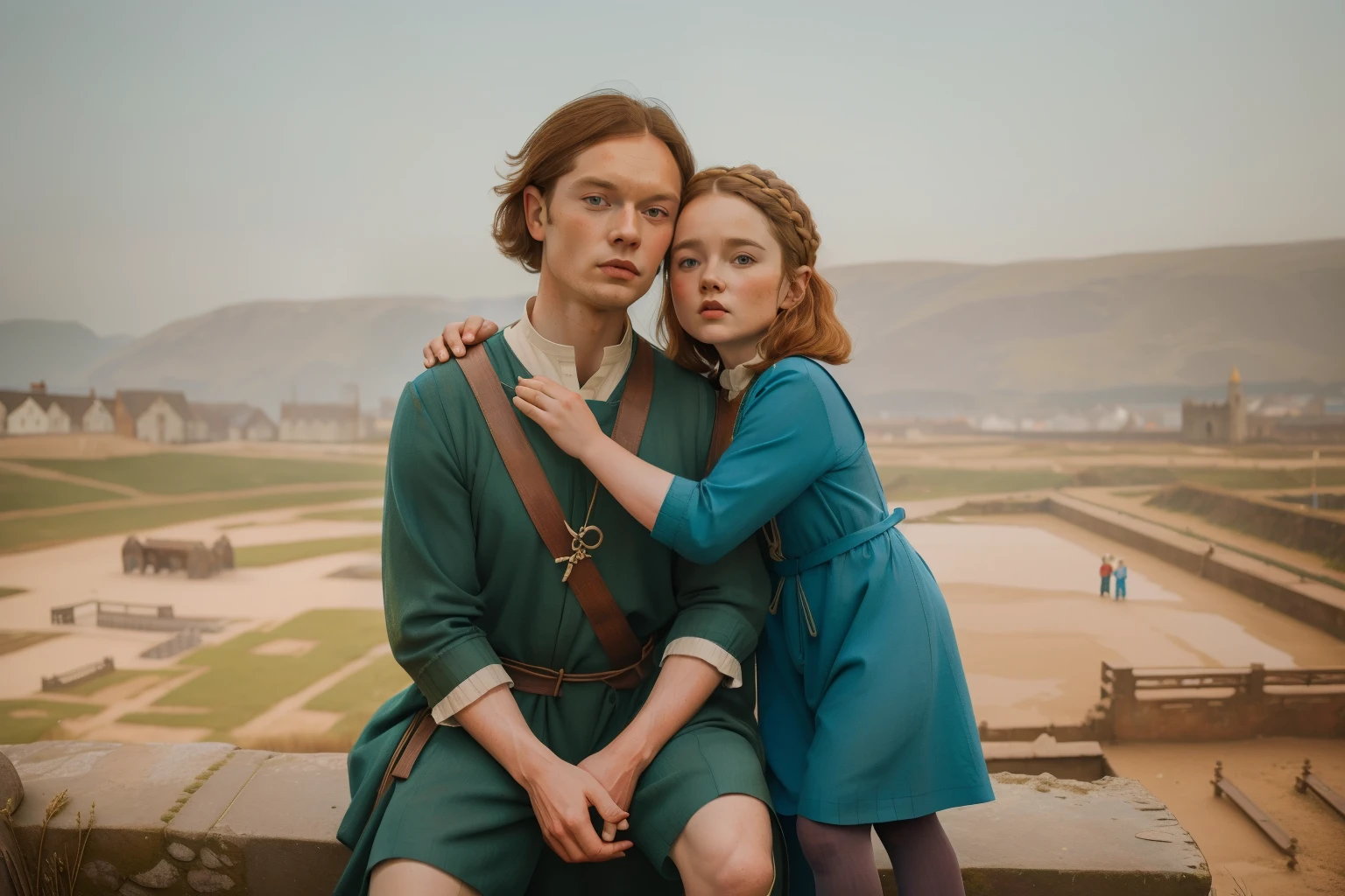 1135, England. scene with an otherworldly outdoors construction site, 36-year-old Sam Heughan, hugging a little girl, look of relief, ((((clothing from the 12th century, tunic and hose)))), ((Hairstyle of the 12th century)), ((Wes Anderson cinematic style)), colorful