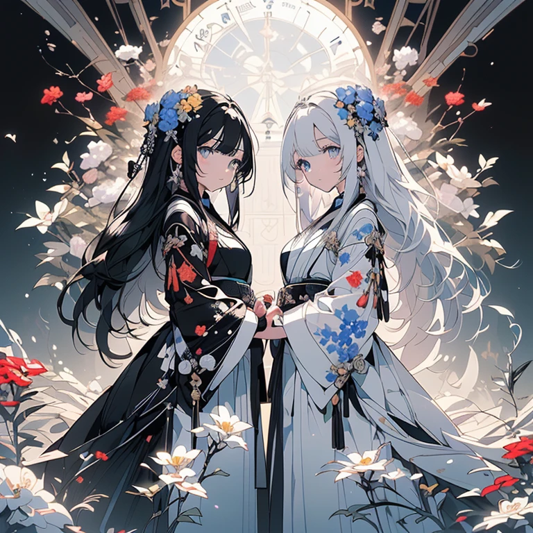 ((masterpiece、top-quality:1.5、a high chroma:1.5、ultra-detailliert、high-resolution illustrations:1.5、Ultra-high-definition CG、8k size wallpaper、offcial art))、(2girls、twin princess sisters),(yuri),(cute face:1.5)、(clear face:1.3),(Shining eyes:1.5)
((black-only color schemeドレス:1.5)), ((white-only color schemeドレス:1.5)),(sexy body),(One is only black and the other is only white),(contrasting color china dresses),(), ((medium breasts))、
,(The background is a triple structure of bright colors, blue flowers, red flowers and yellow flowers,)、midjourney