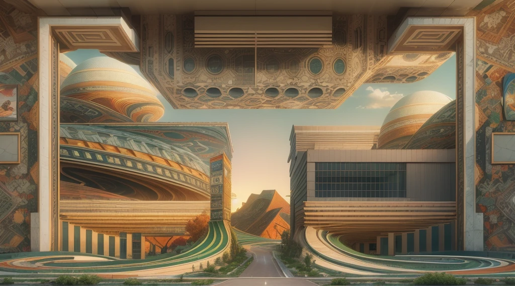 afofuturism, Tribal style villa, external garden, Mosaic tribal sculpture, Stone road, the sunset, Surrealism, Futurism, Hyperrealism, Art Deco, Conceptual art, Cubist Futurism, chiaroscuro, ray tracing, mosaic art, wide shot, best quality, highres, award winning, masterpiece, 4K